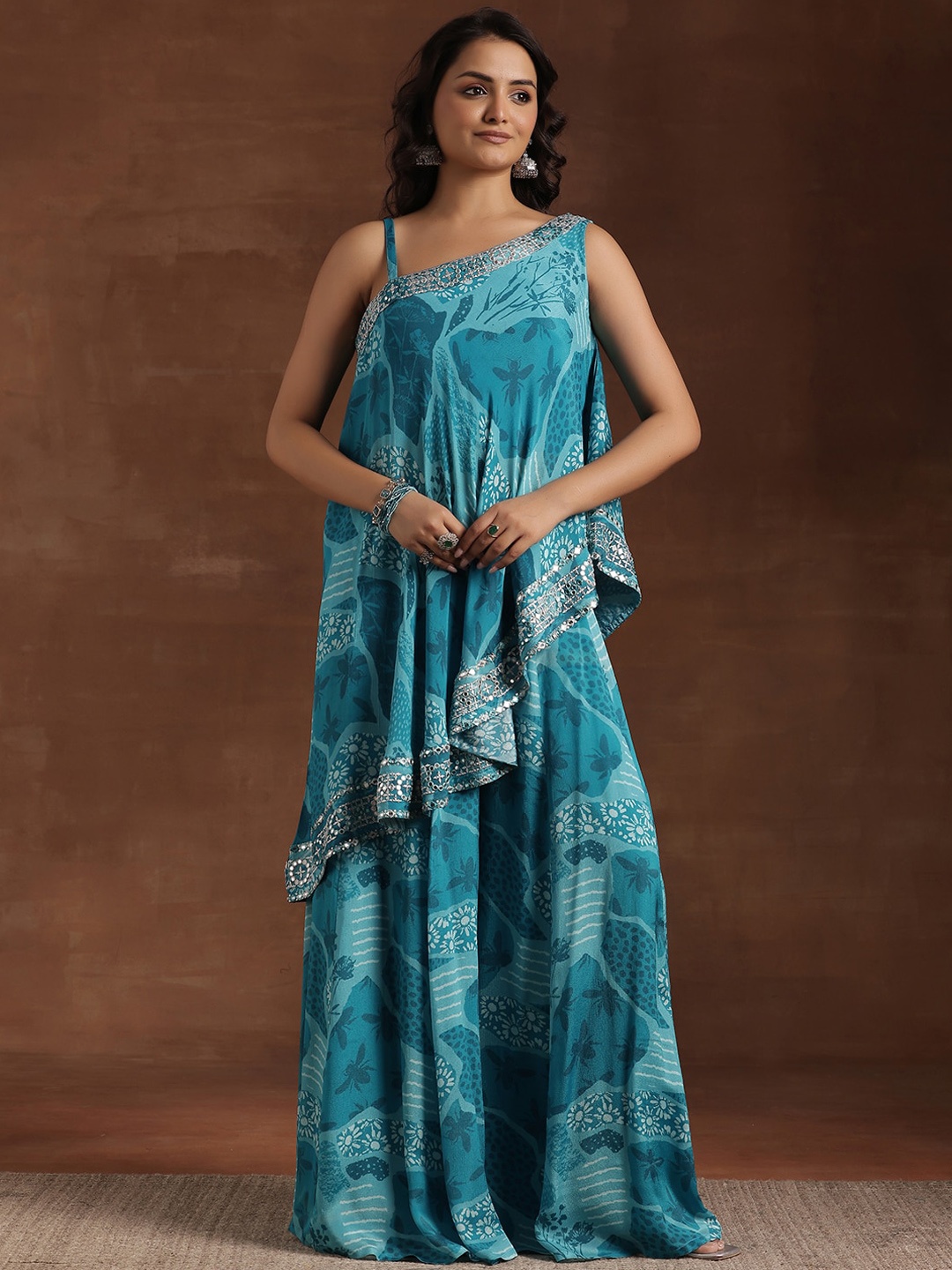 Libas Printed One shoulder Neck Tunic With Flared Palazzos, Blue