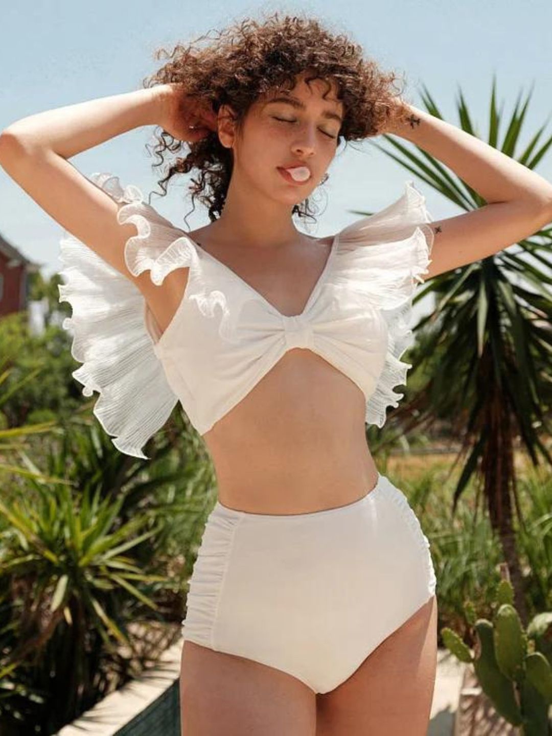 

Addery Full Coverage V-Neck Ruffled Detail Swim Bikini Set, White