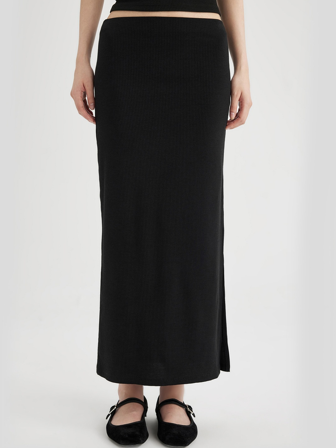 

DeFacto Ribbed A-Line Maxi Skirt, Black