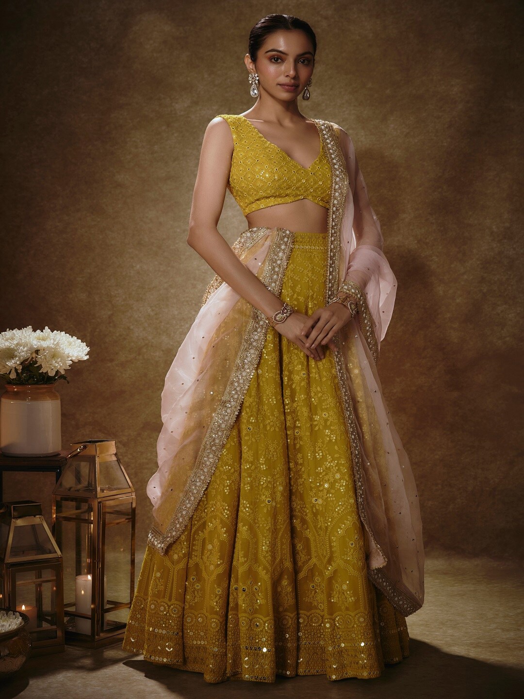 

Renee Label Embroidered V-Neck Ready to Wear Lehenga & Blouse With Dupatta, Yellow