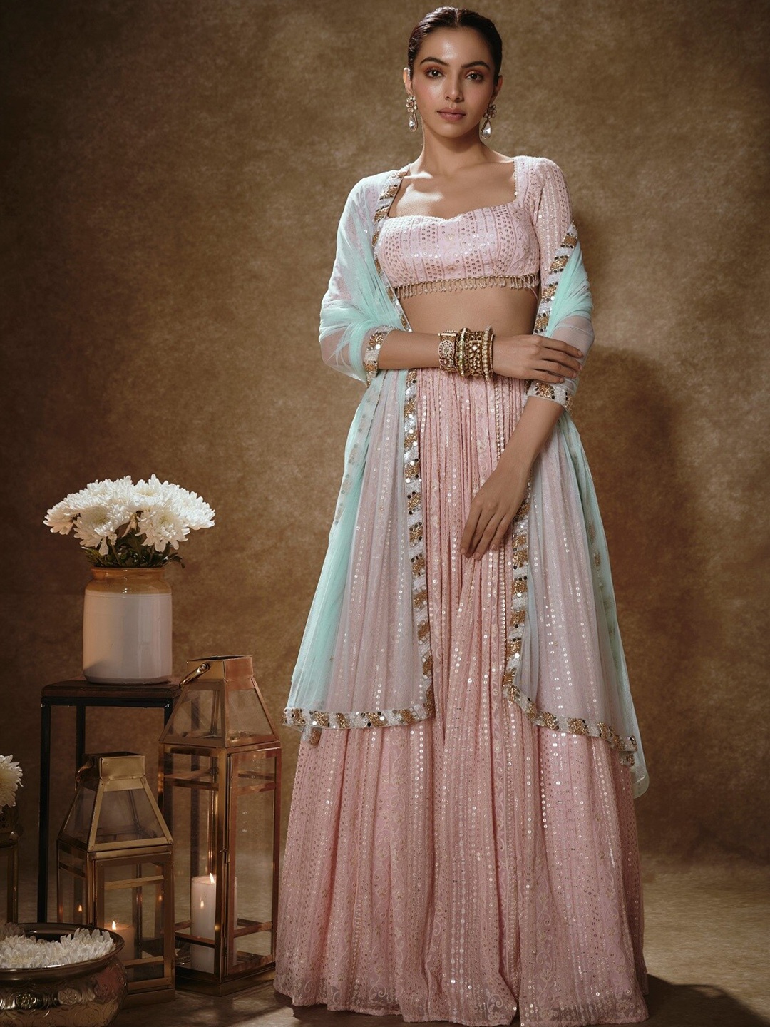 

Renee Label Embroidered Sequinned Square Neck Ready to Wear Lehenga & Blouse With Dupatta, Pink