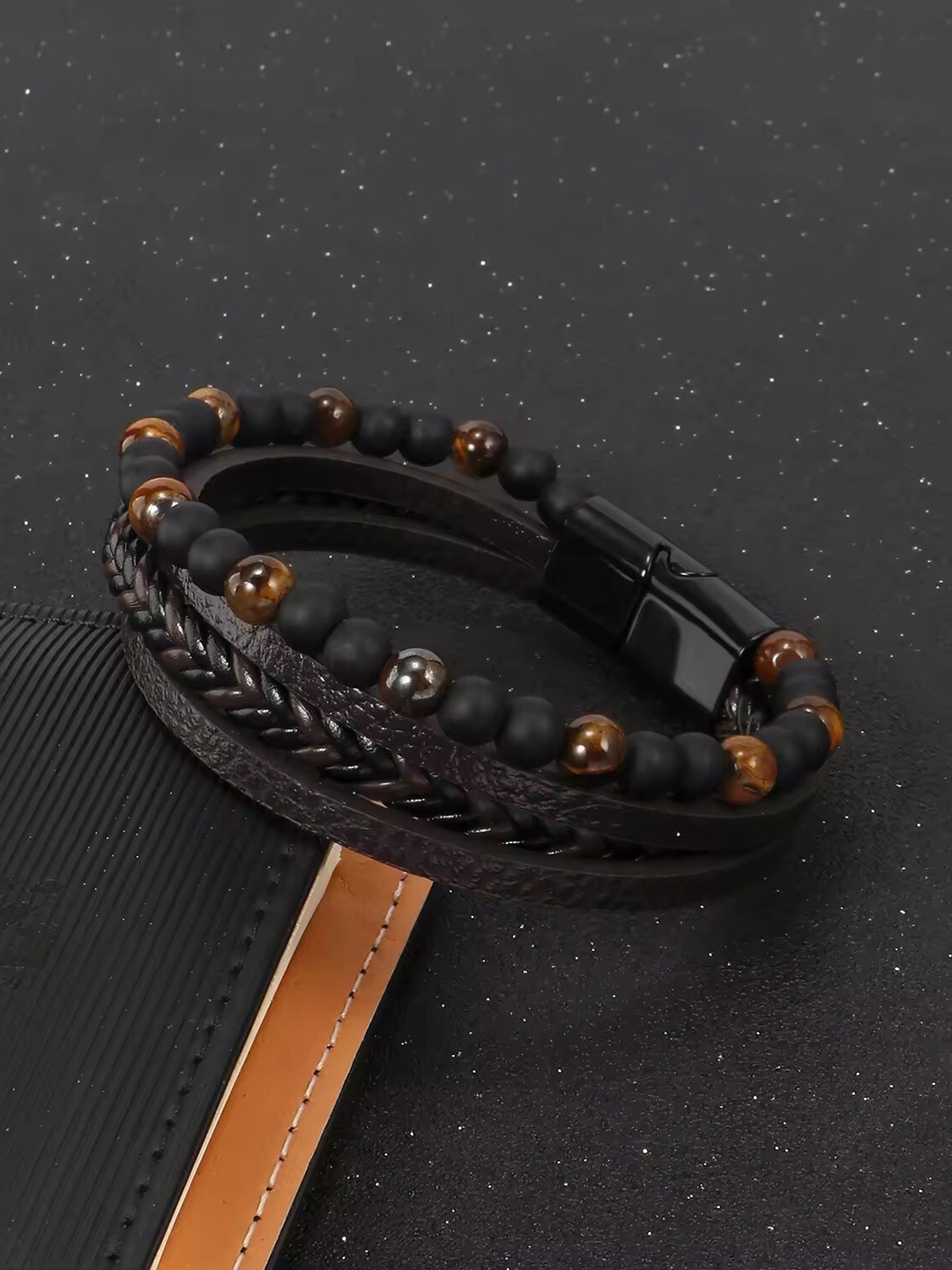 

MEENAZ Men Leather Multistrand Bracelet, Black