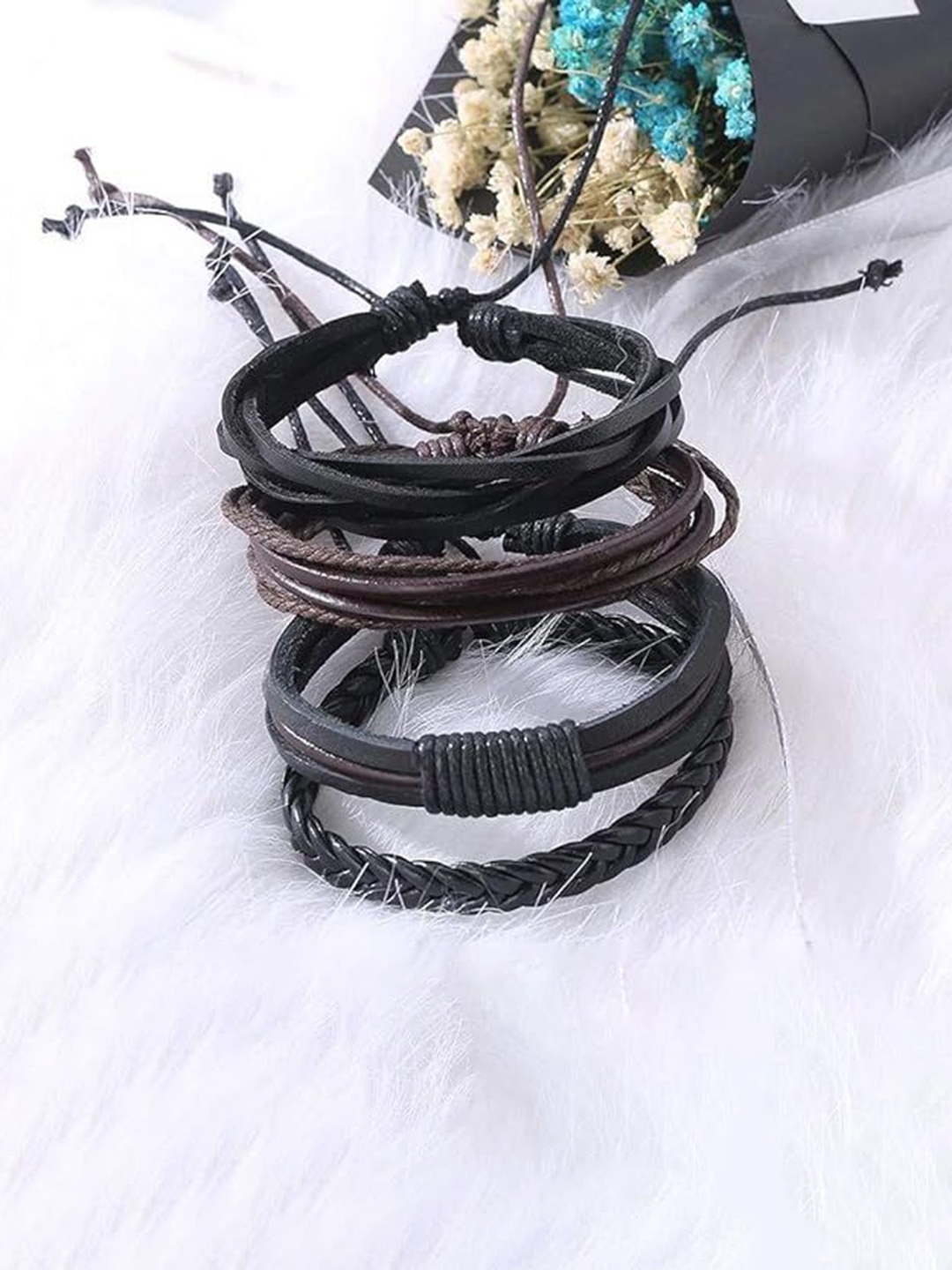 

MEENAZ Men Set Of 4 Leather Multistrand Bracelet, Black