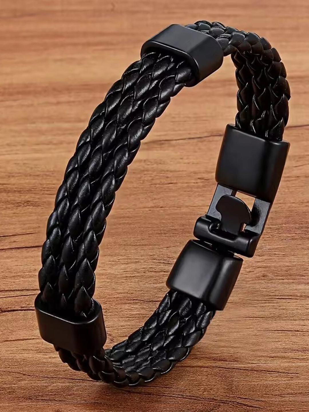 

MEENAZ Men Leather Silver Plated Bangle Style Bracelet