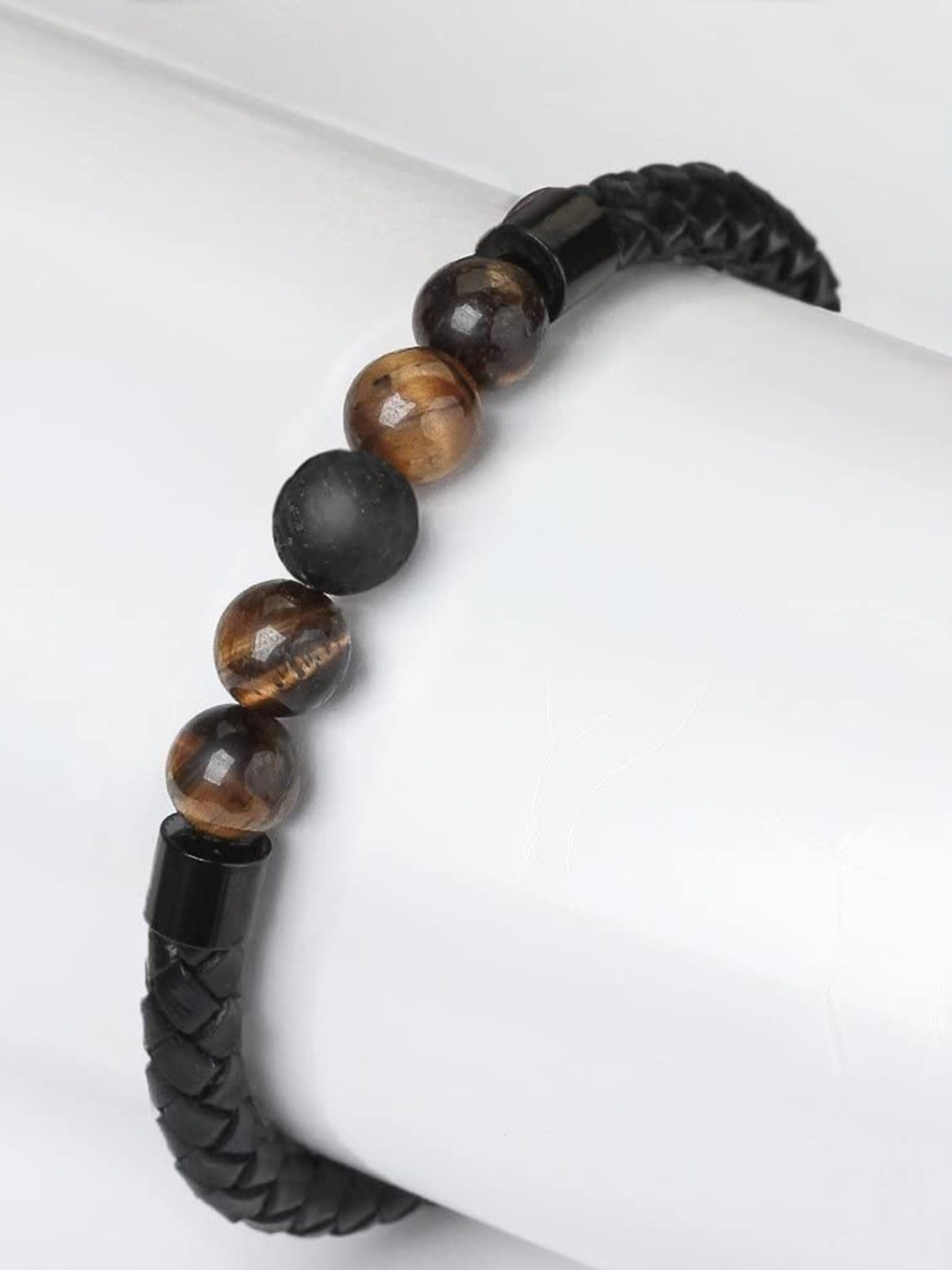

MEENAZ Unisex Leather Silver-Plated Artificial Beads Beaded Kada Bracelet, Black