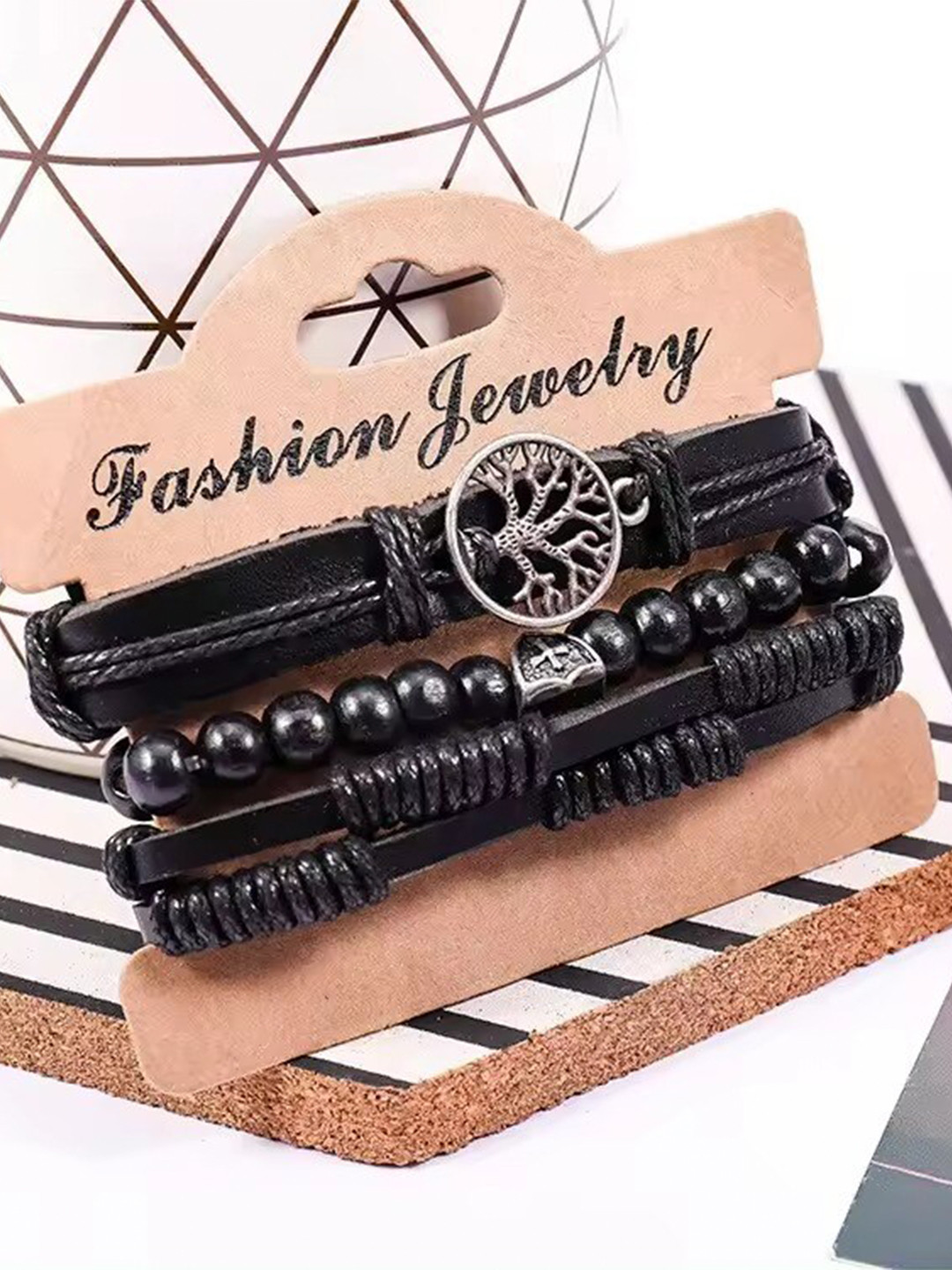 

MEENAZ Men Set Of 3 Silver-Plated Beaded Leather Wraparound Bracelet, Black