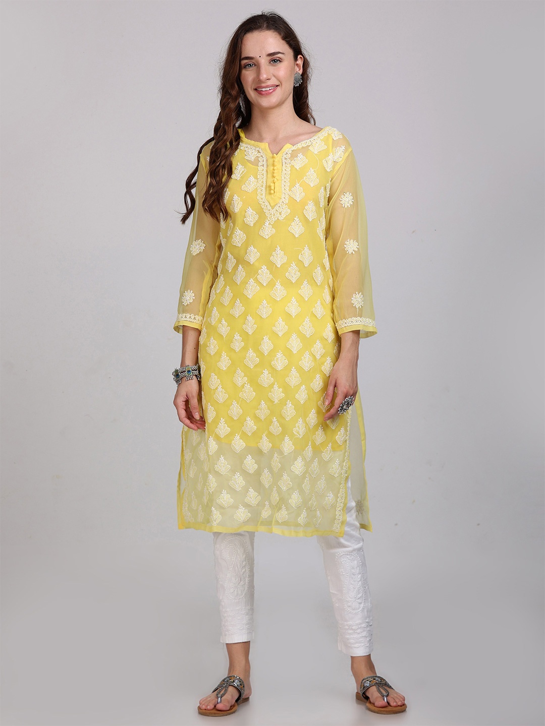 

KHAKA Ethnic Motifs Embroidered Chikankari Straight Kurta With Inner, Yellow