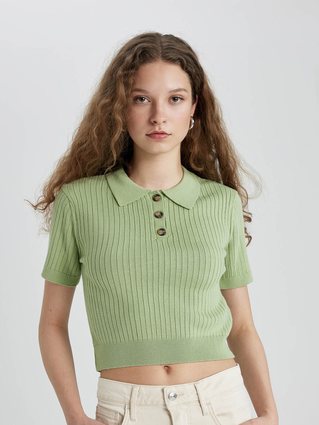 

DeFacto Ribbed Shirt Collar Acrylic Crop Top, Green