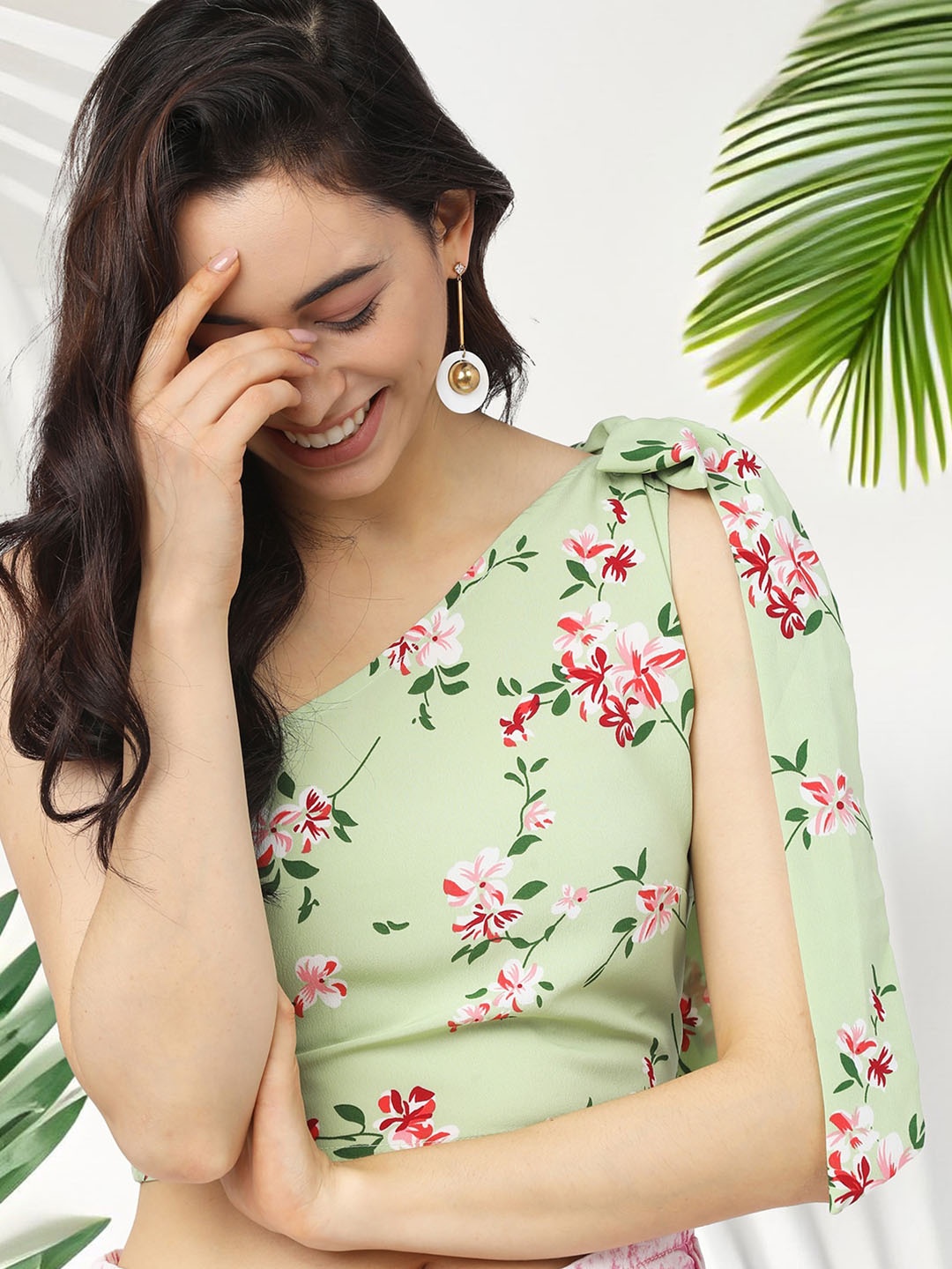 

Tokyo Talkies Floral Print One Shoulder Puff Sleeve Top, Green