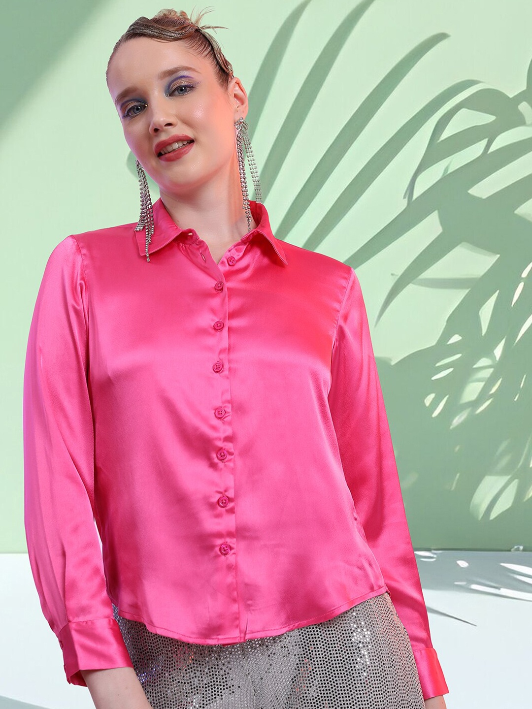 

Tokyo Talkies Spread Collar Satin Casual Shirt, Pink