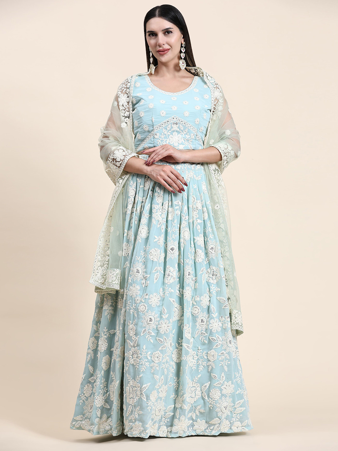 

AMOHA TRENDZ Embroidered Chikankari Ready to Wear Lehenga & Blouse With Dupatta, Turquoise blue
