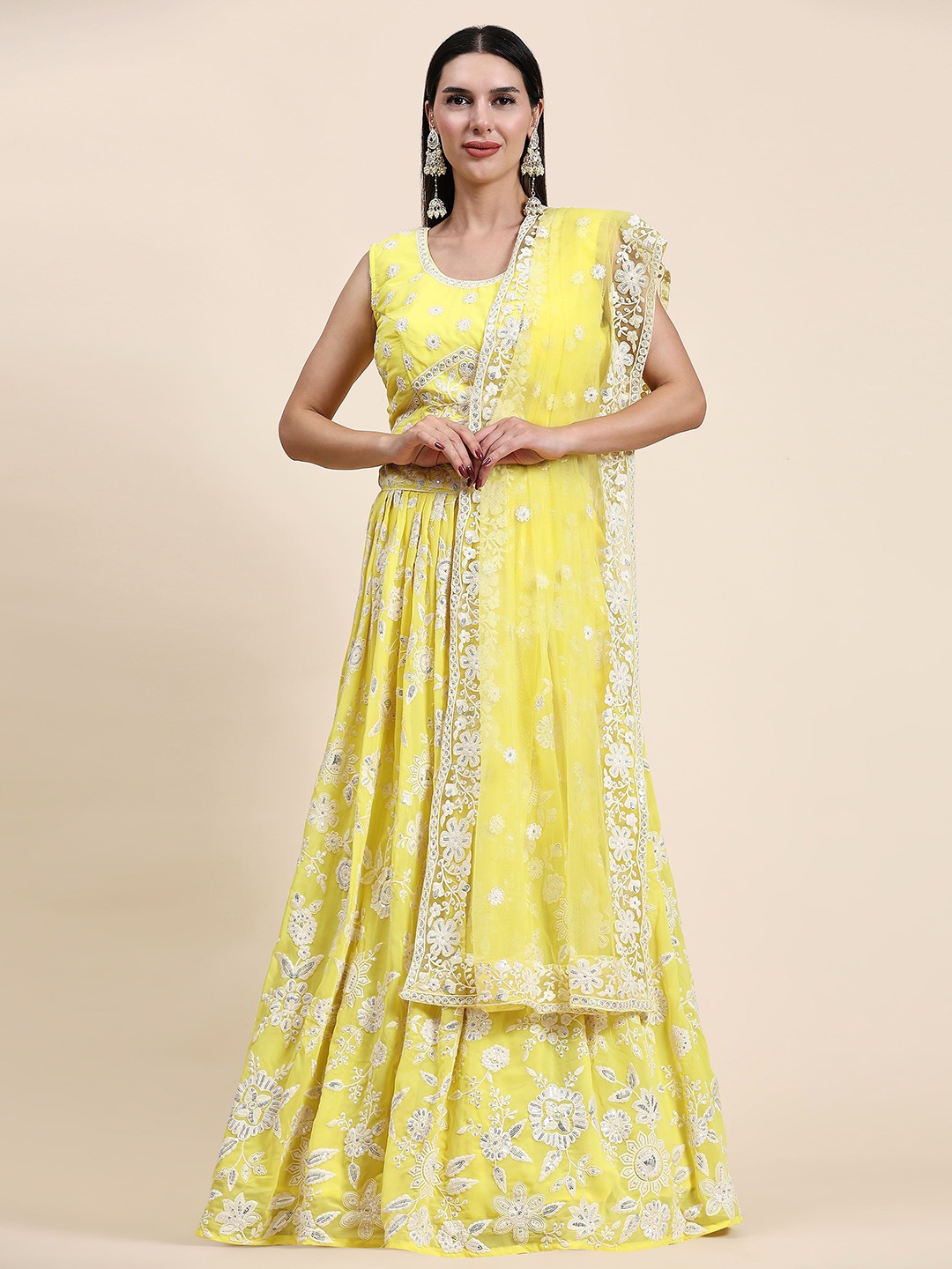 

AMOHA TRENDZ Embroidered Chikankari Ready to Wear Lehenga & Blouse With Dupatta, Yellow