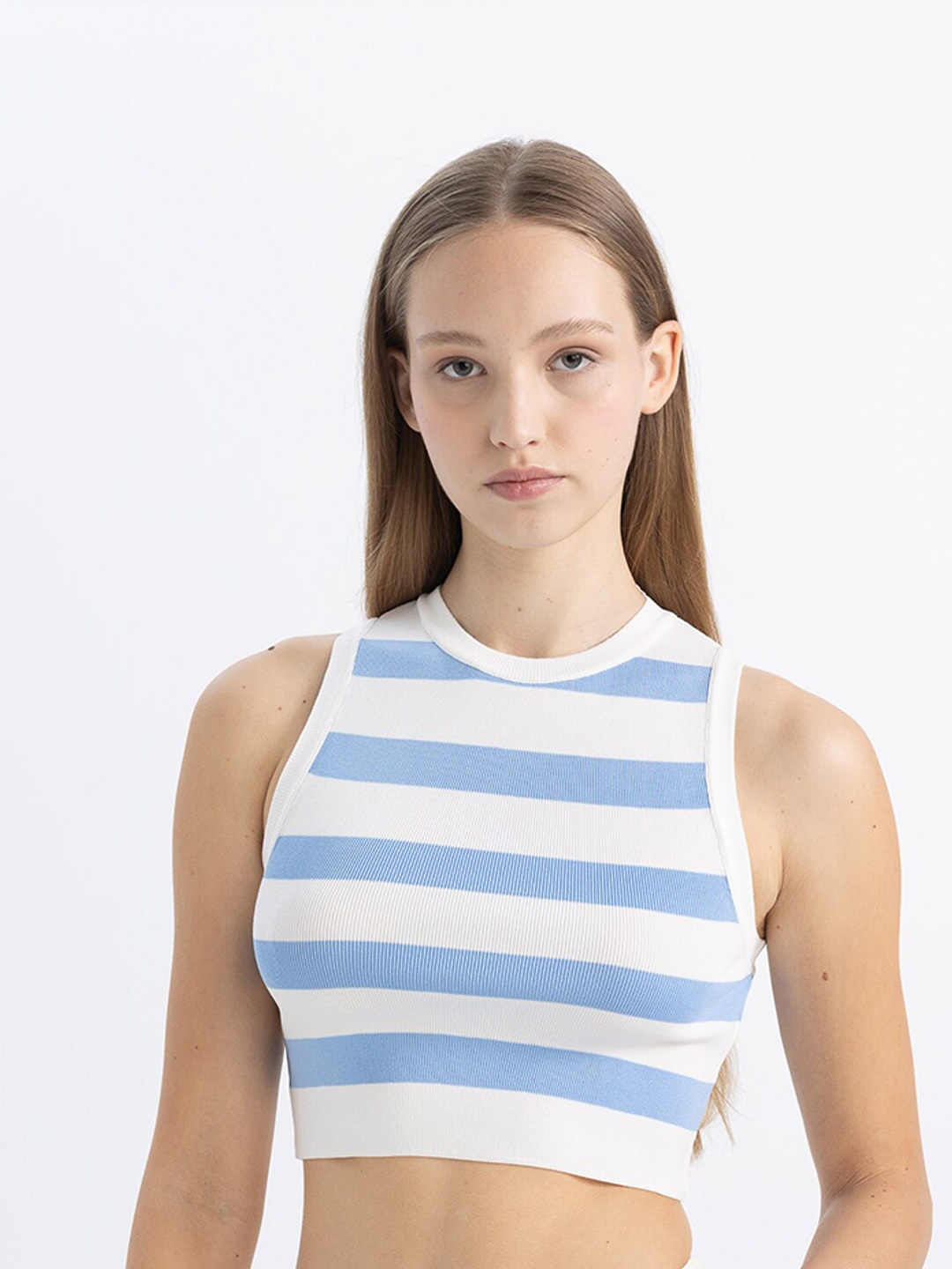 

DeFacto Women Cotton Striped Fitted Crop Top, Blue