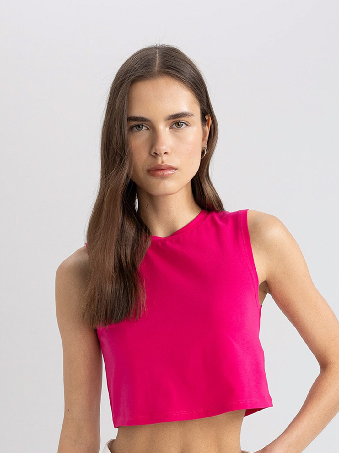 

DeFacto Women Cotton Solid Boxy Crop Top, Pink