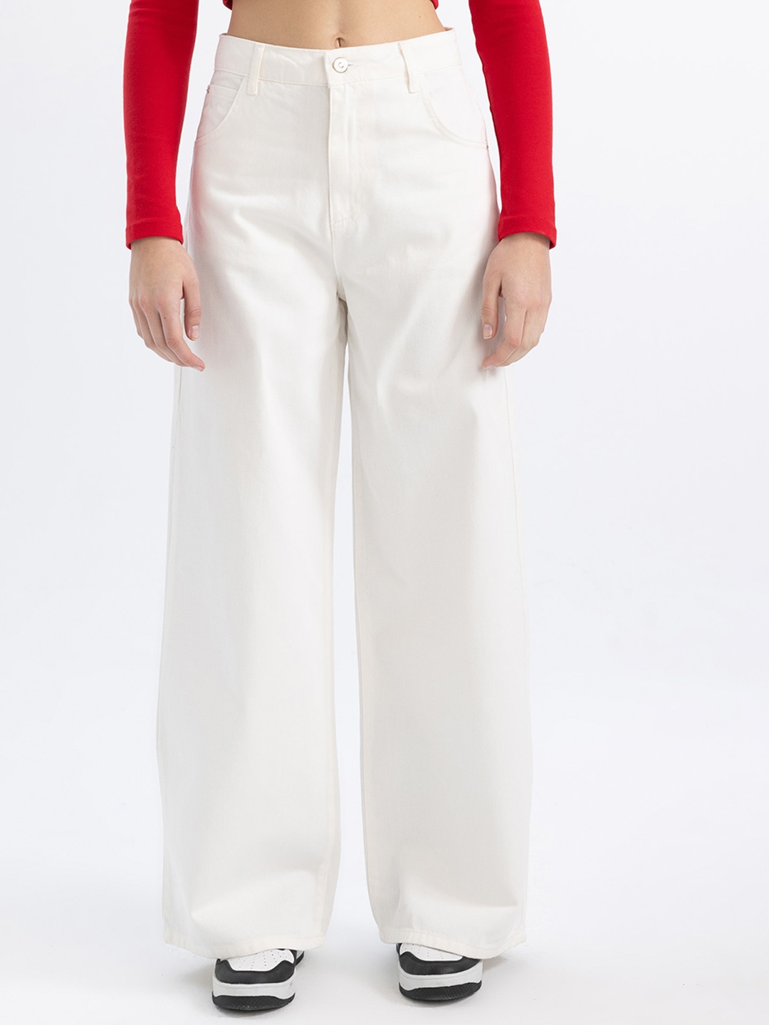 

DeFacto Women Mid Rise Pure Cotton Parallel Trousers, White