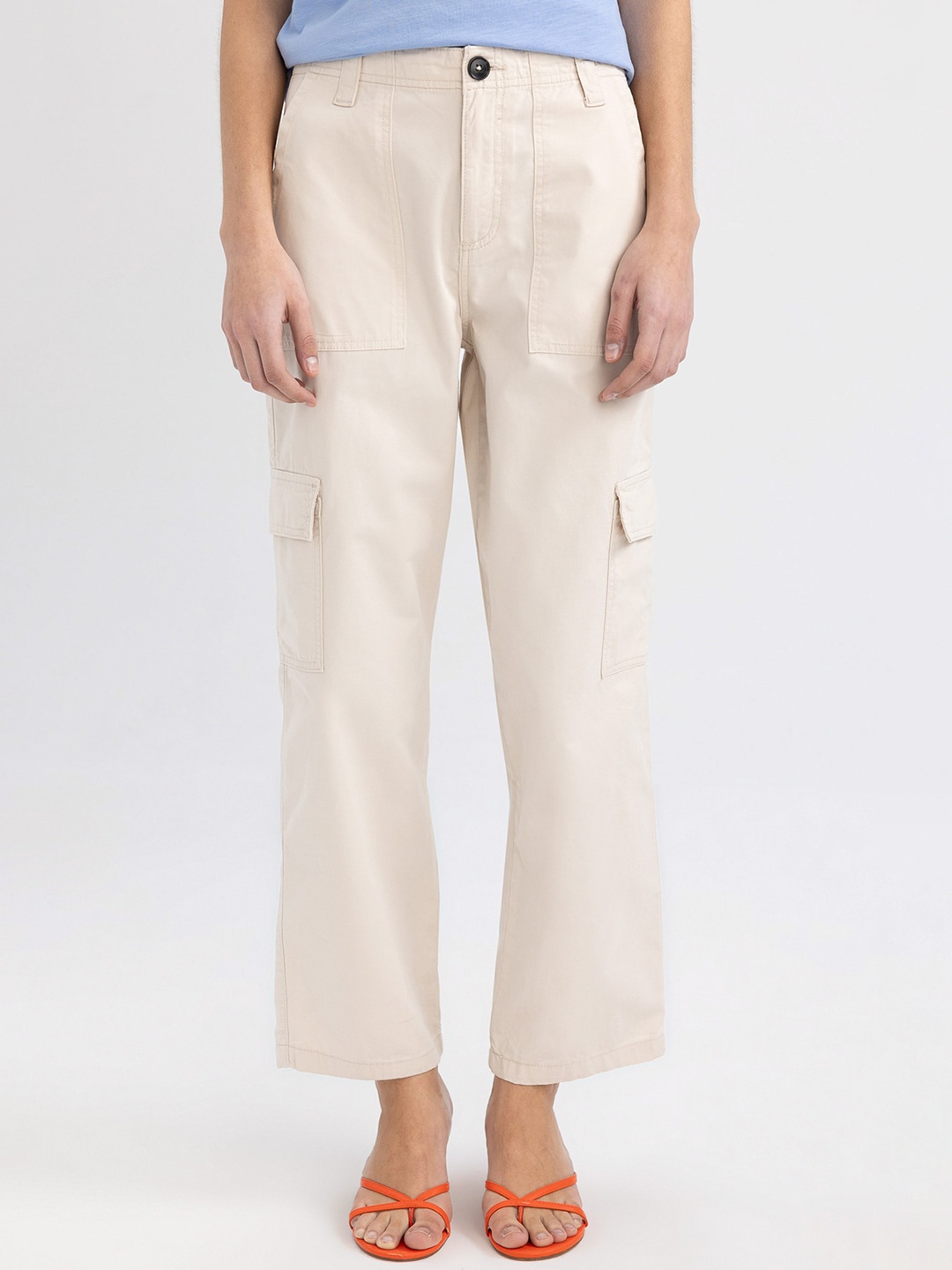 

DeFacto Women Mid Rise Cotton Cargos Trousers, White