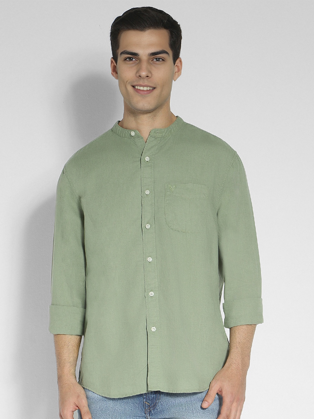 

AMERICAN EAGLE OUTFITTERS Button Collar Long Sleeves Linen & Cotton Casual Shirt, Green