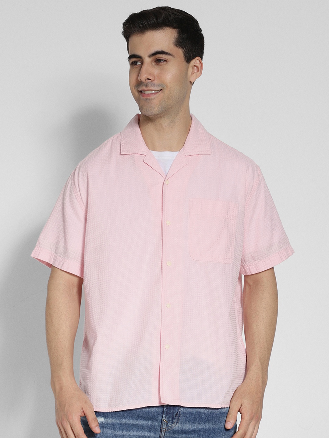 

AMERICAN EAGLE OUTFITTERS Cuban Collar Pure Cotton Oversized Casual Shirt, Pink