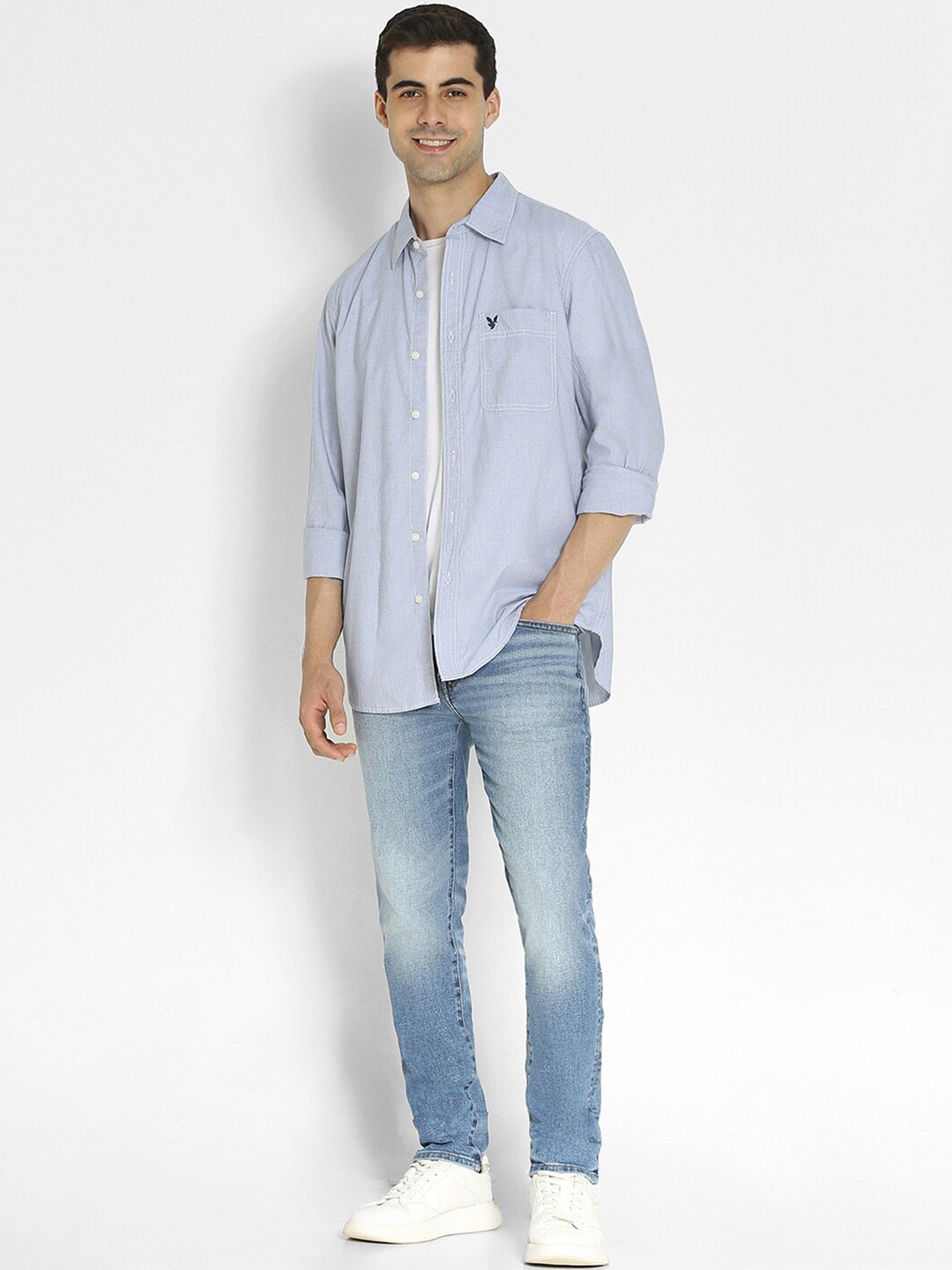 

AMERICAN EAGLE OUTFITTERS Slim Fit Opaque Cotton Casual Shirt, Blue