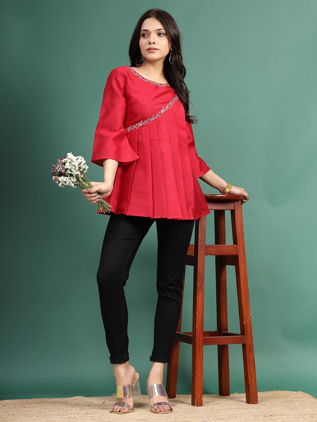

Sangria Floral Embroidered Pleated Top, Red
