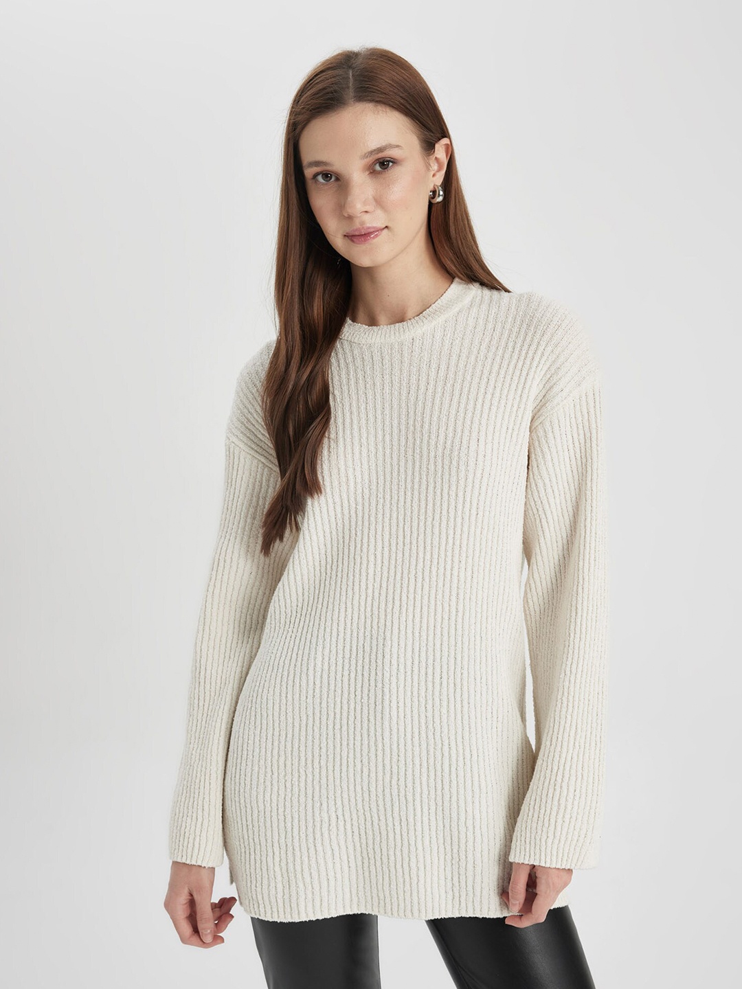 

DeFacto Ribbed Round Neck Tunic, Off white