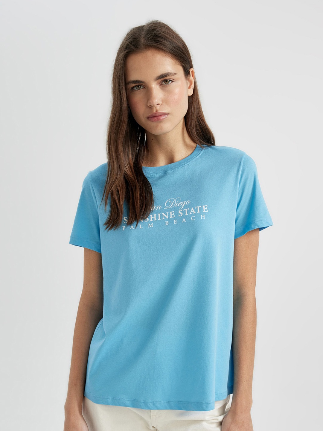 DeFacto Typography Printed Round Neck Pure Cotton T-shirt, Blue