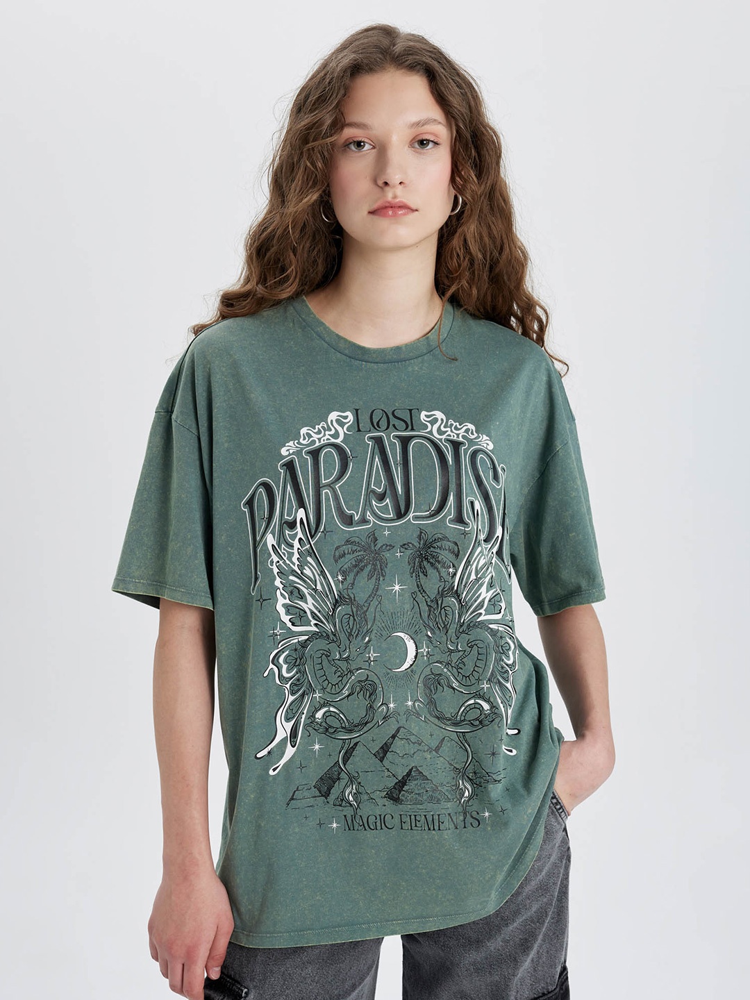 

DeFacto Women Printed Raw Edge T-shirt, Na