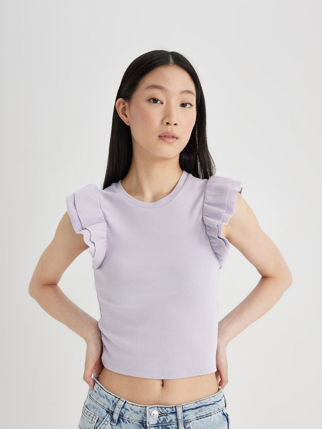 

DeFacto Women Puff Sleeves Striped T-shirt, Lavender