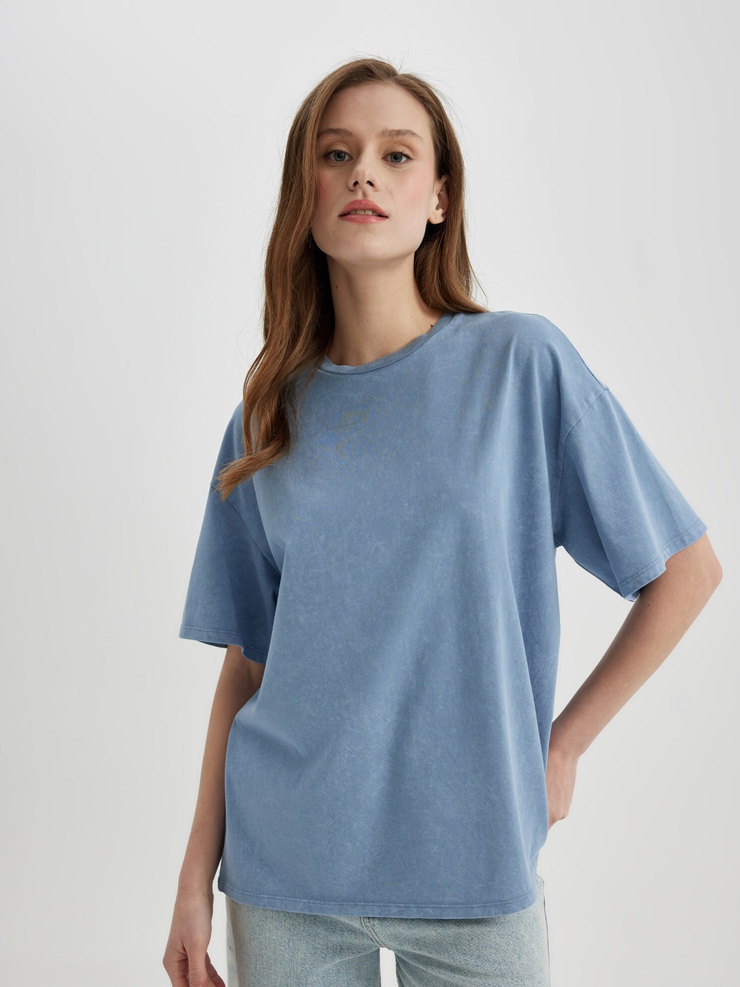 

DeFacto Drop-Shoulder Sleeves Pure Cotton Casual T-shirt, Blue