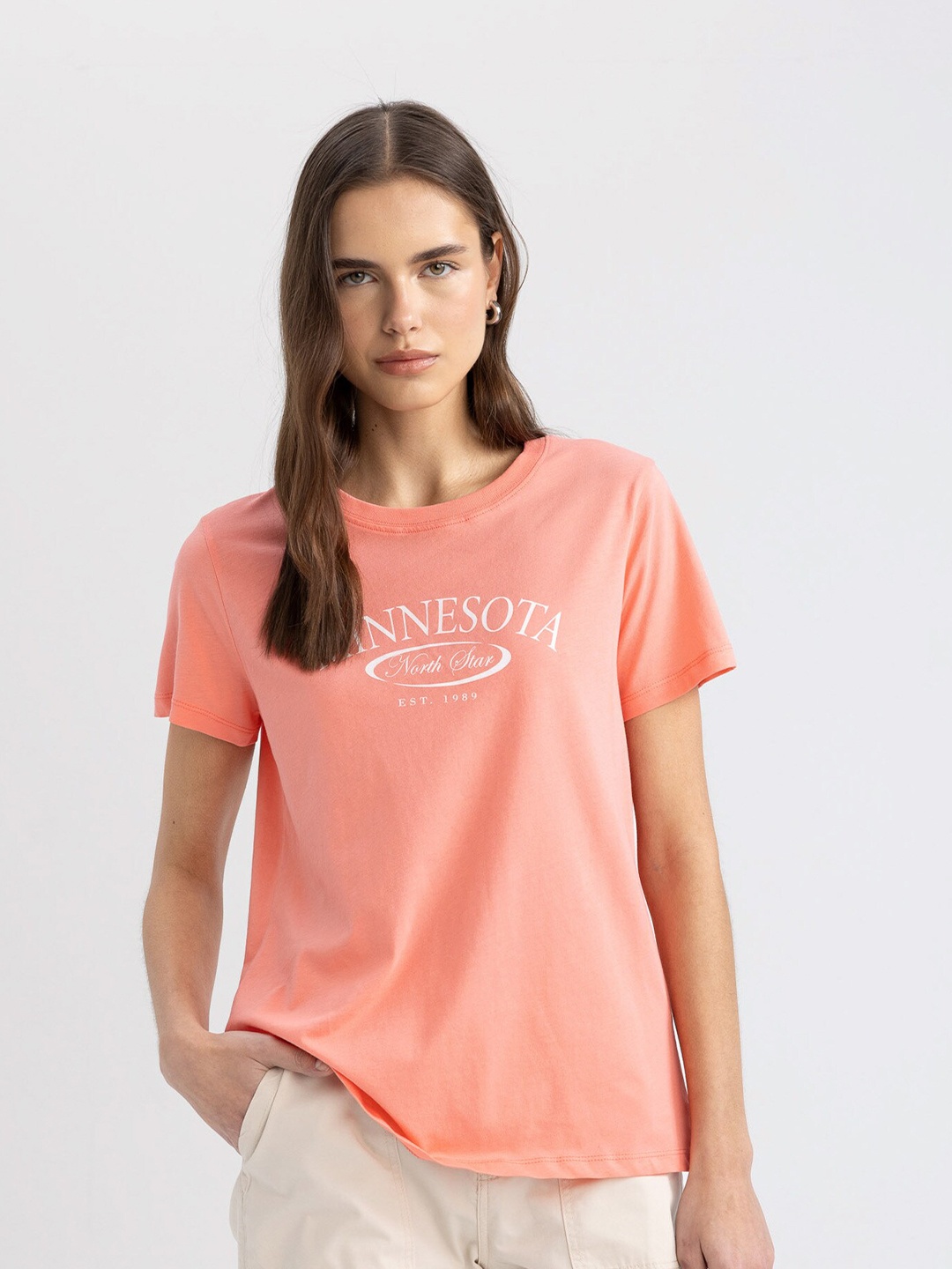 

DeFacto Typography Printed Round Neck Pure Cotton Casual T-shirt, Peach