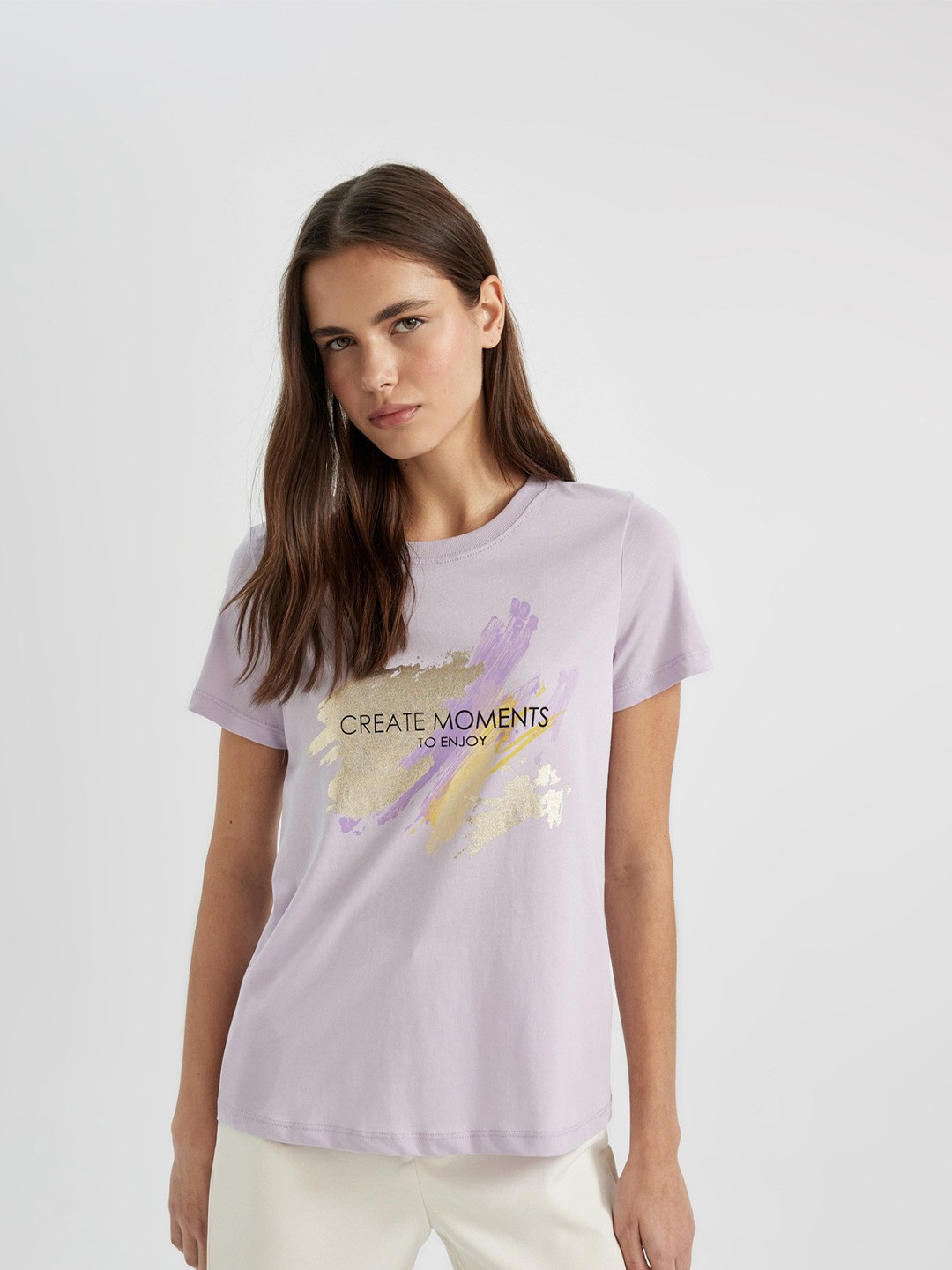 

DeFacto Women Typography Printed T-shirt, Lavender
