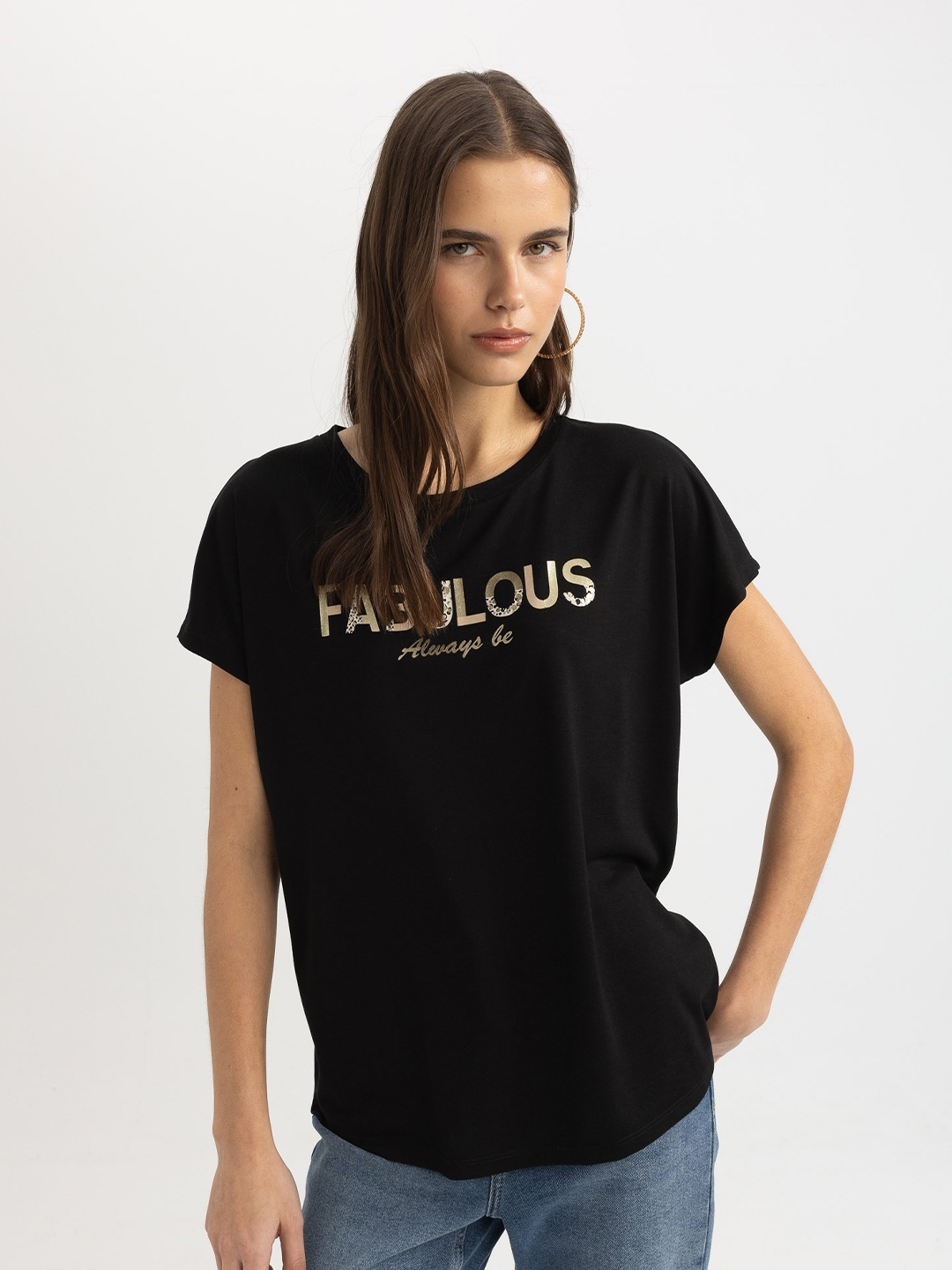 

DeFacto Typography Printed Round Neck Casual T-shirt, Black