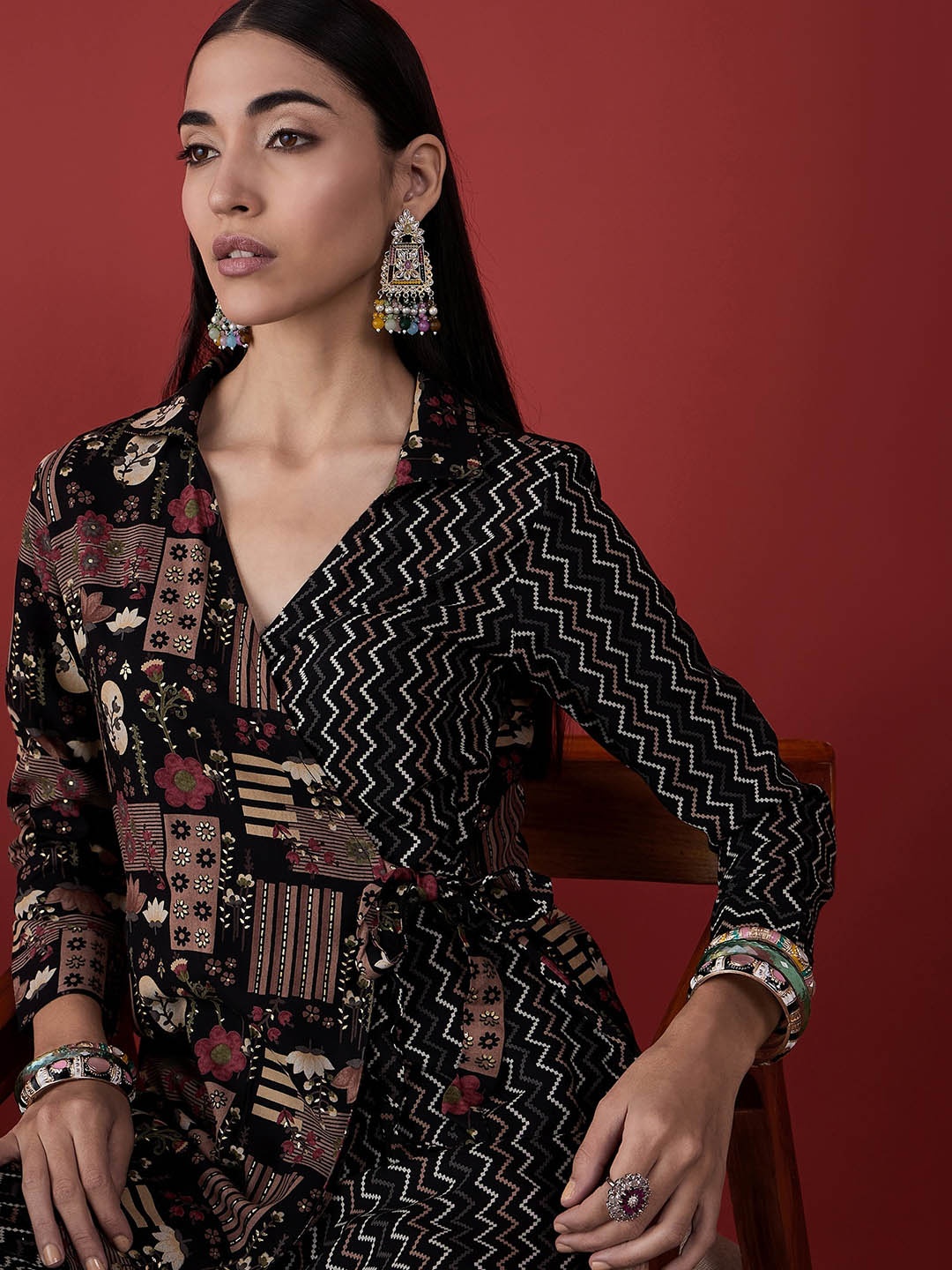 

Anouk Printed Shirt Collar Neck Tunic & Flared Trouser, Black