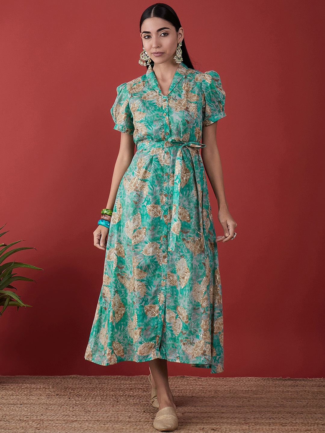 

Anouk Floral Printed Pure Cotton A-line Midi Ethnic Dress, Sea green
