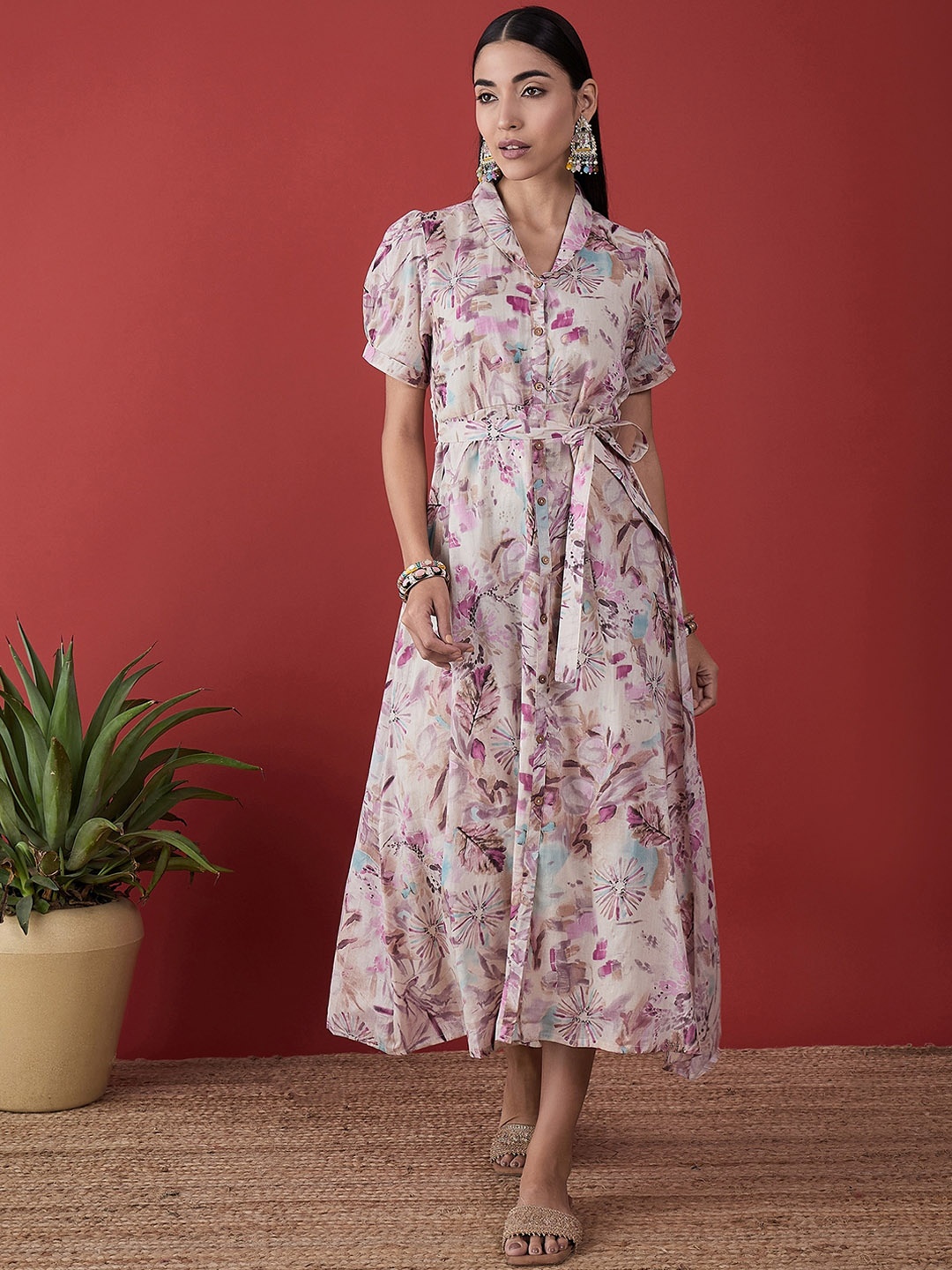 

Anouk Floral Printed Pure Cotton A-Line Midi Ethnic Dress, Pink