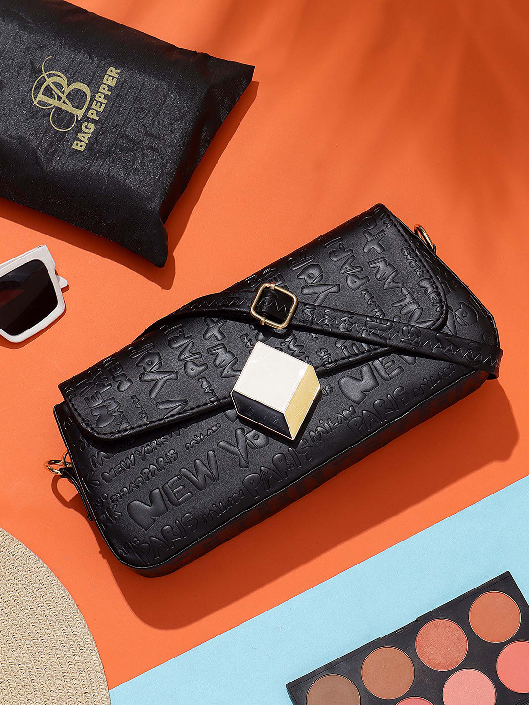 

Bag Pepper Typography Textured Structured Sling Bag, Black