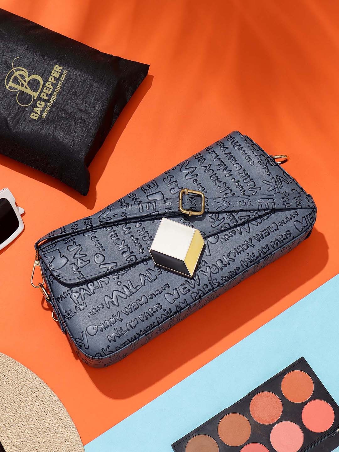 

Bag Pepper Typography Textured Baguette Shoulder Bag, Blue