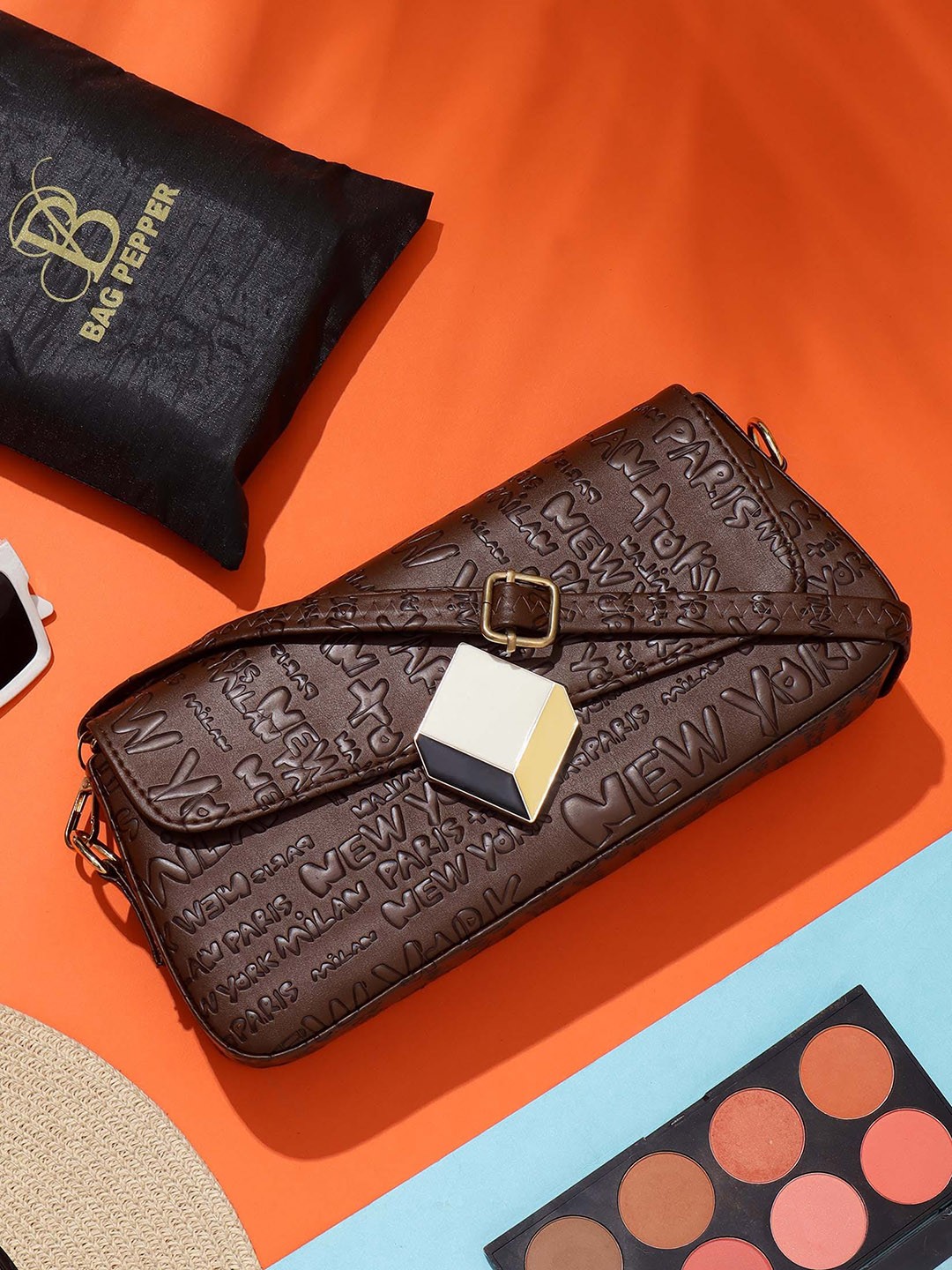

Bag Pepper Typography Textured PU Structured Sling Bag, Coffee brown