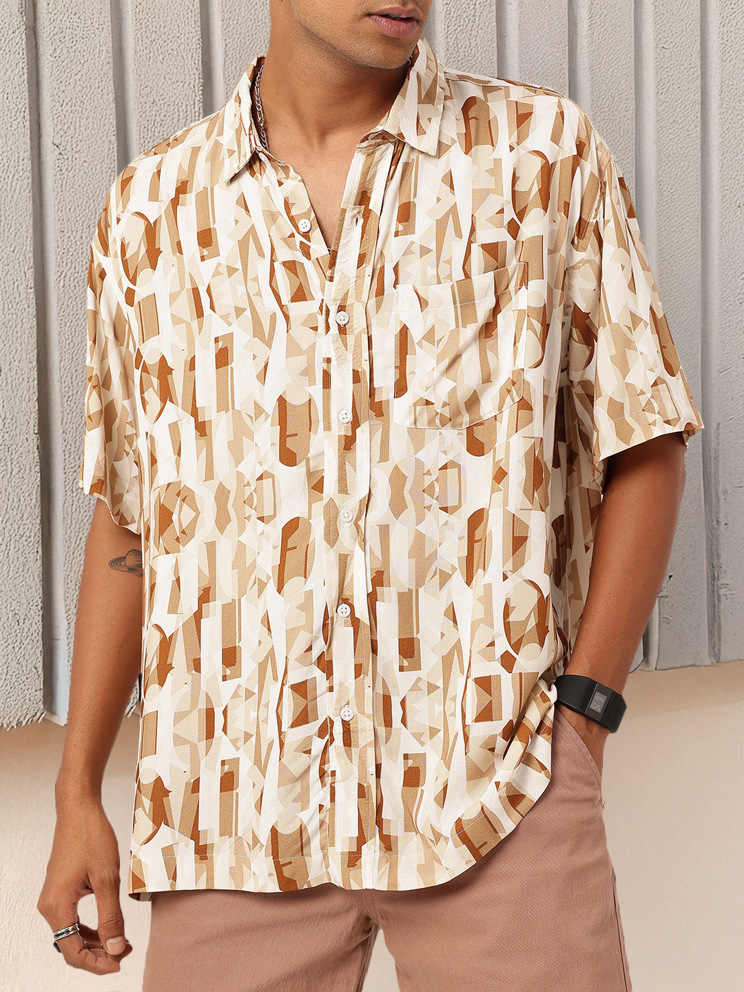 

Kook N Keech Refined Comfort Abstract Print Oversized Shirt, Off white