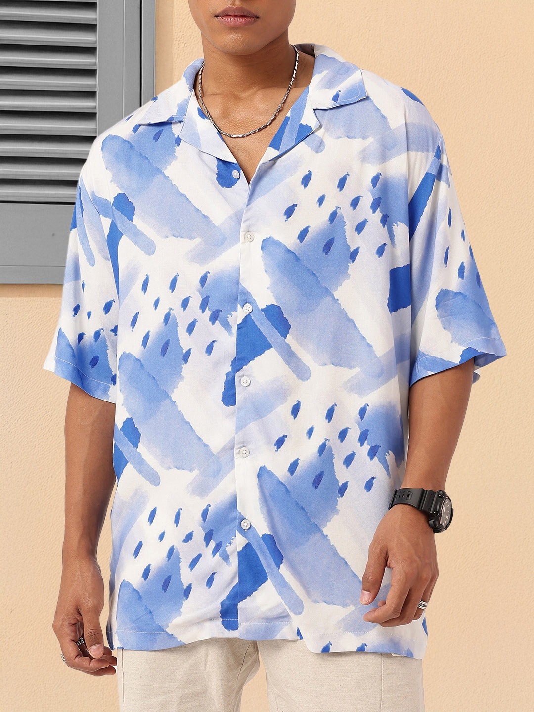 

KooK N Keech Watery Brush Strokes Vacay Essential Oversized Shirt, White