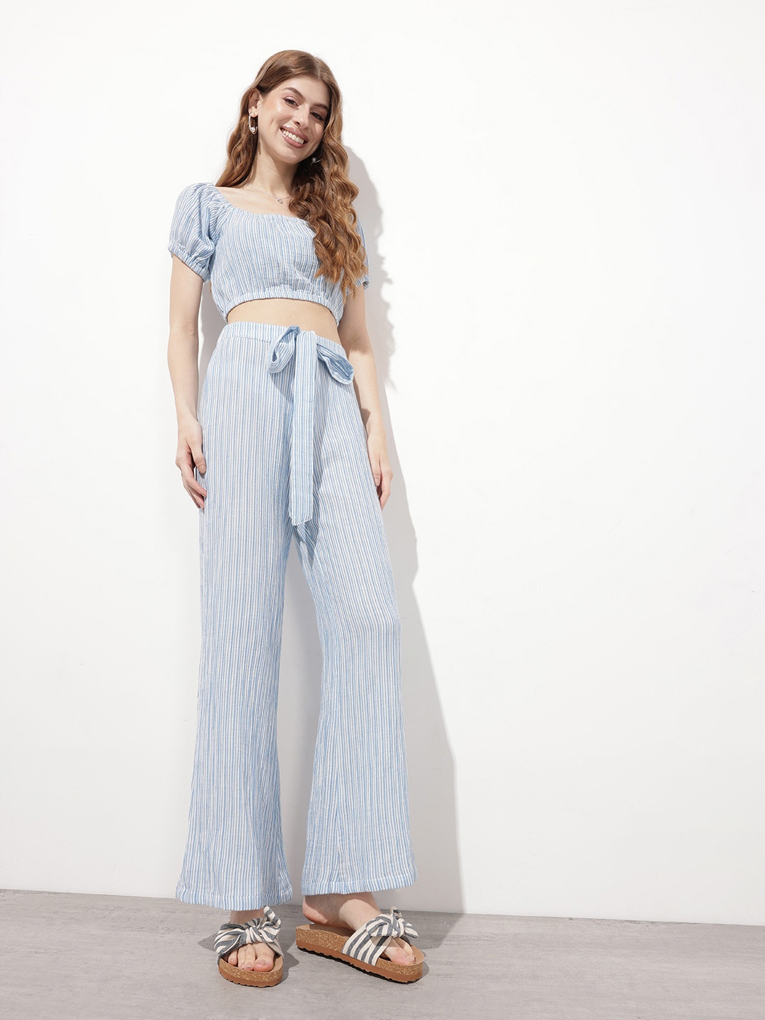 

DressBerry Icy Blue Striped Stylish Bow Tie Wide Leg Trousers