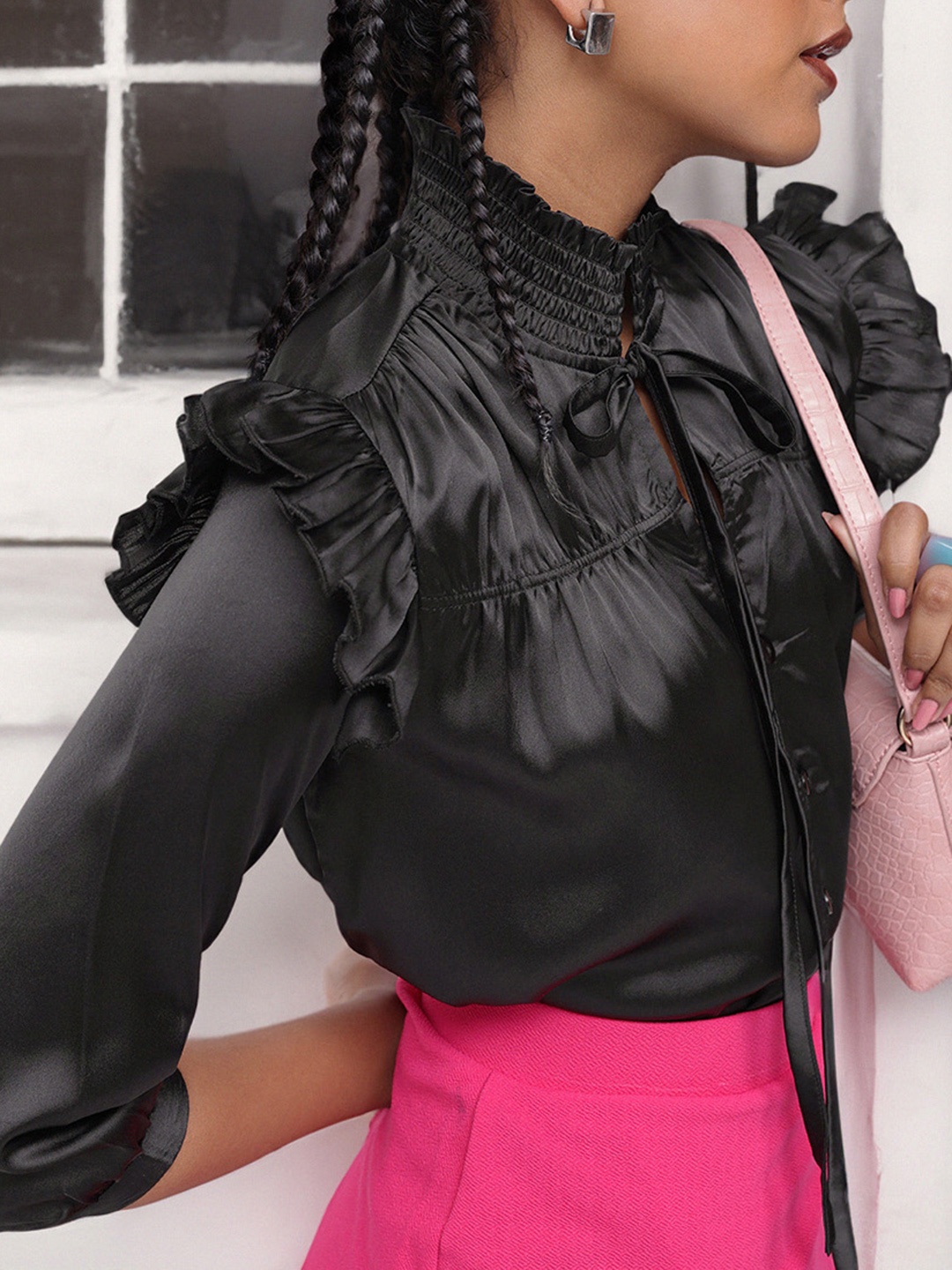 

DressBerry Dark Raven Ruffle Gathered Top, Black