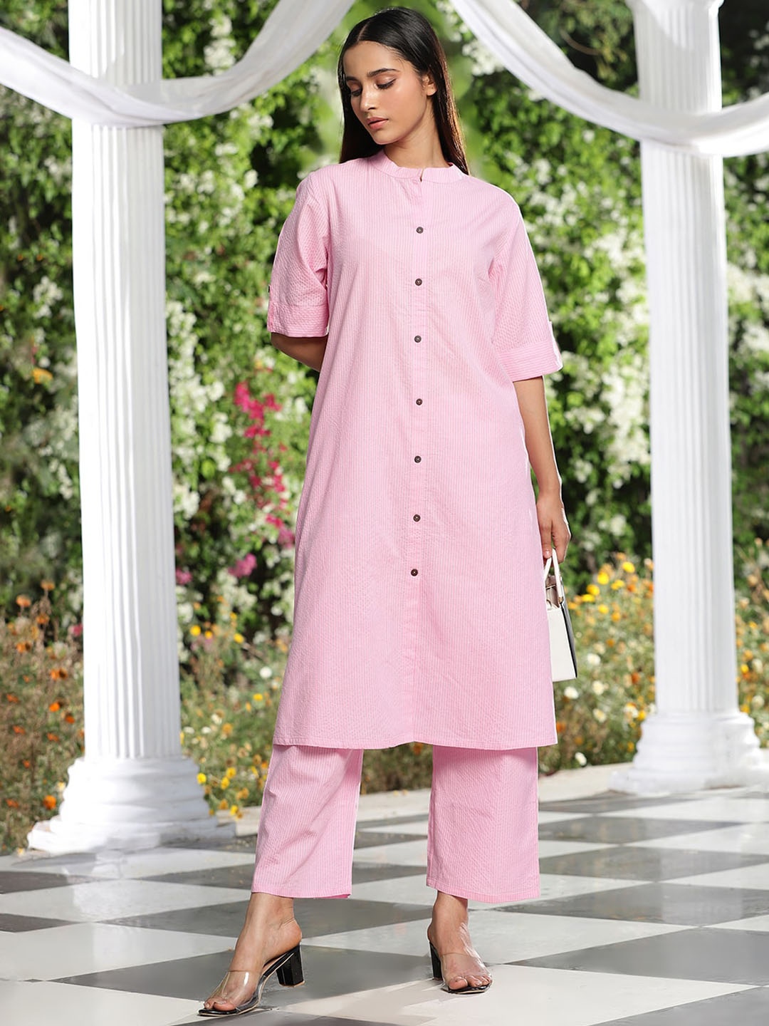 

QUEENLEY Mandarin Collar Striped Pure Cotton A Line Kurta with Trouser, Pink