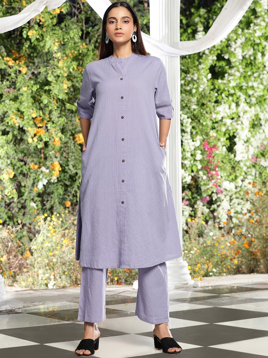 

QUEENLEY Striped Regular Pure Cotton Kurta with Trousers, Lavender