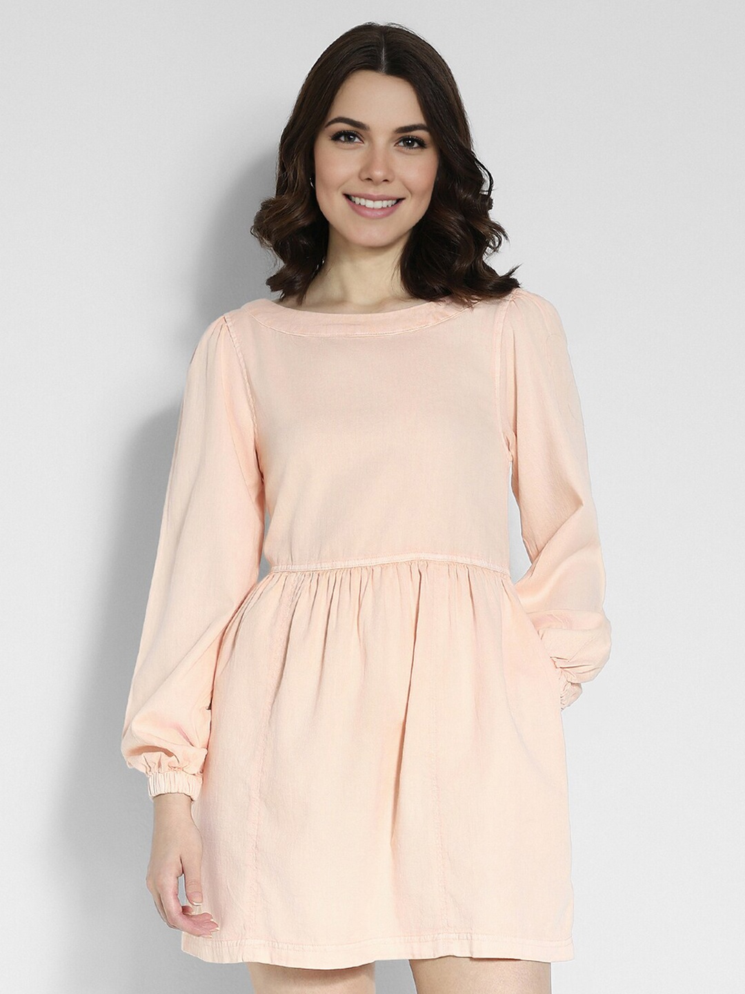 

AMERICAN EAGLE OUTFITTERS Puff Sleeve Fit & Flare Mini Dress, Peach