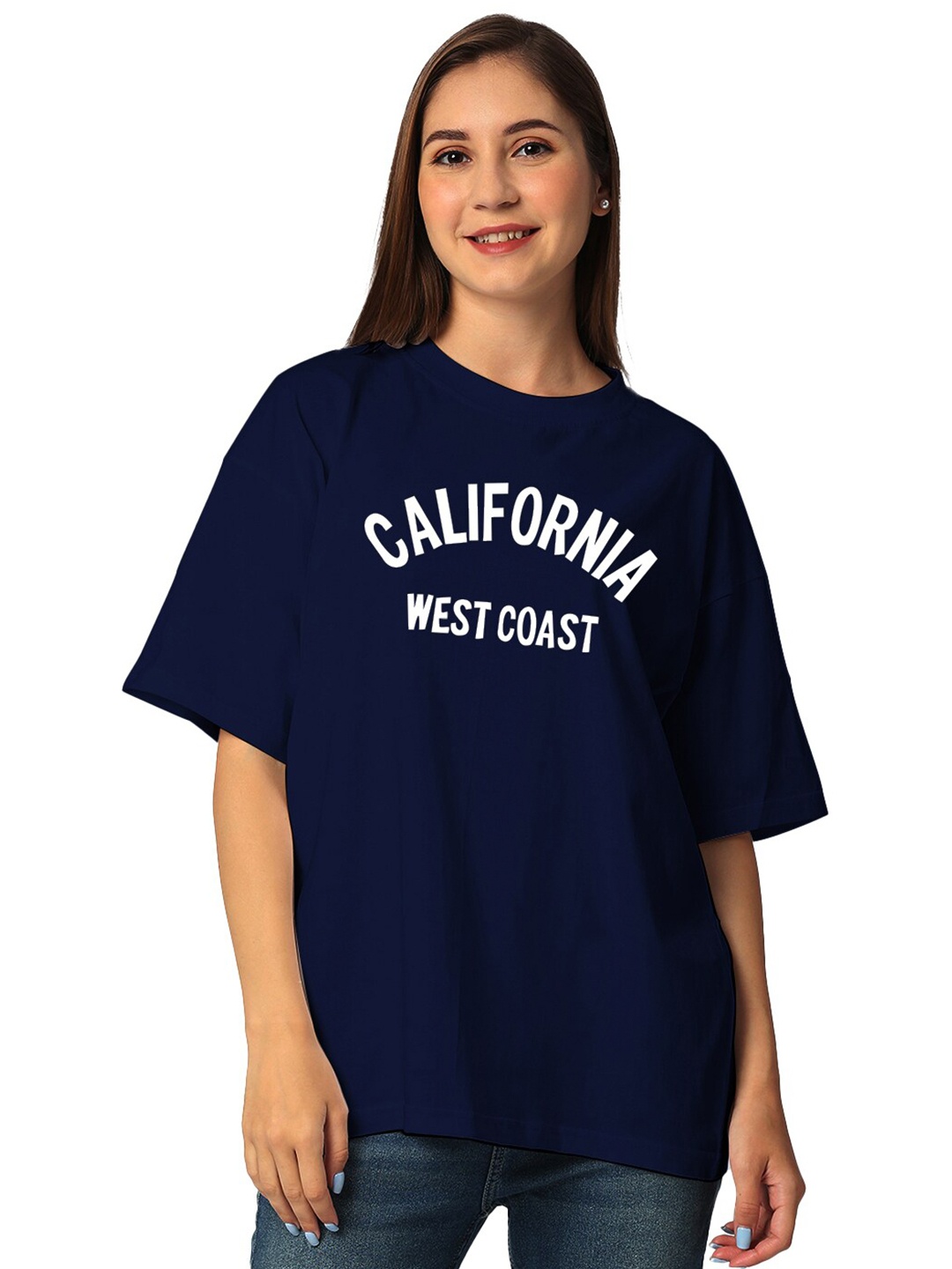 

STATUS MANTRA Bio Finish Printed Drop-Shoulder Sleeves Pure Cotton Oversized T-shirt, Navy blue
