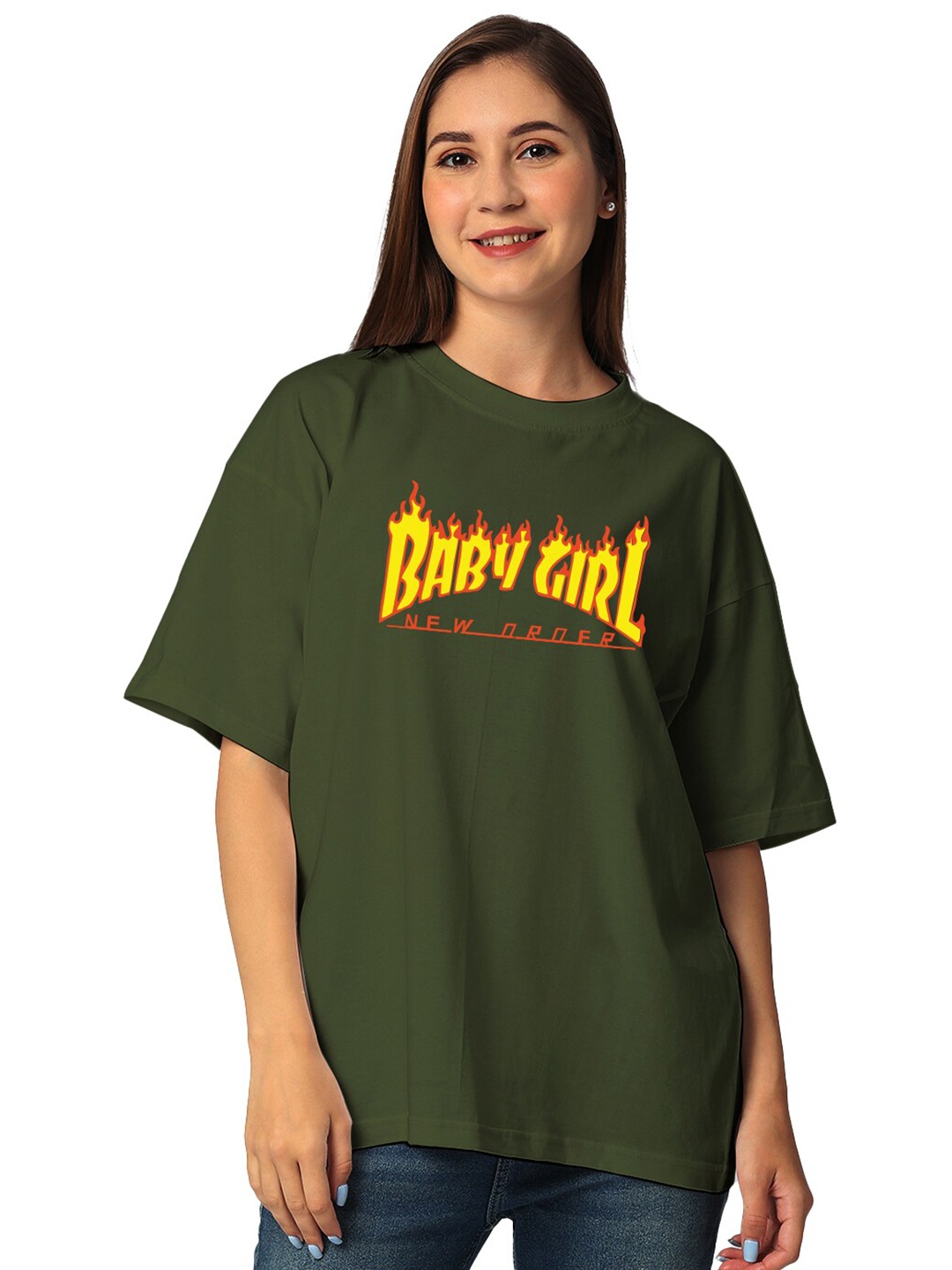 

STATUS MANTRA Typography Printed Drop Shoulder Sleeves Pure Cotton T-shirt, Olive