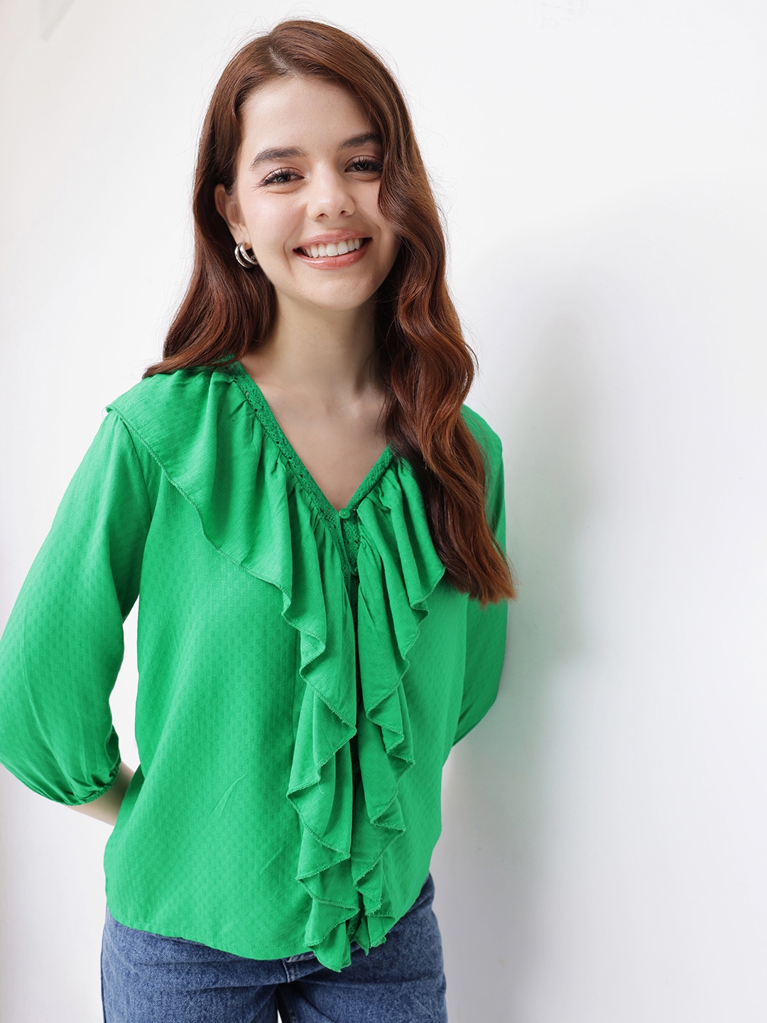 

DressBerry Regencycore Ruffles Lace Inserts Top, Green