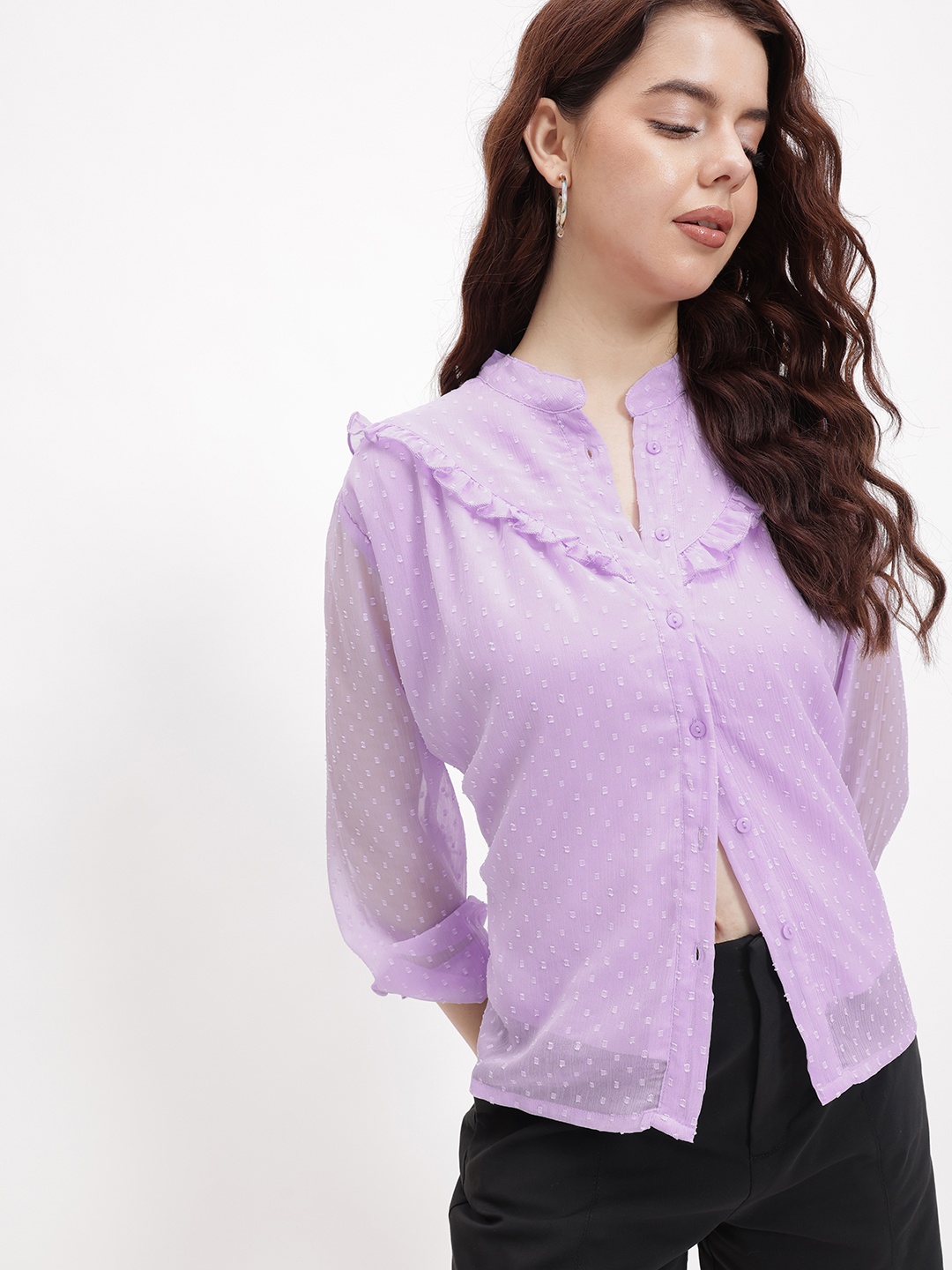 

DressBerry Lavender Haze Ruffle Ramble Dobby Shirt