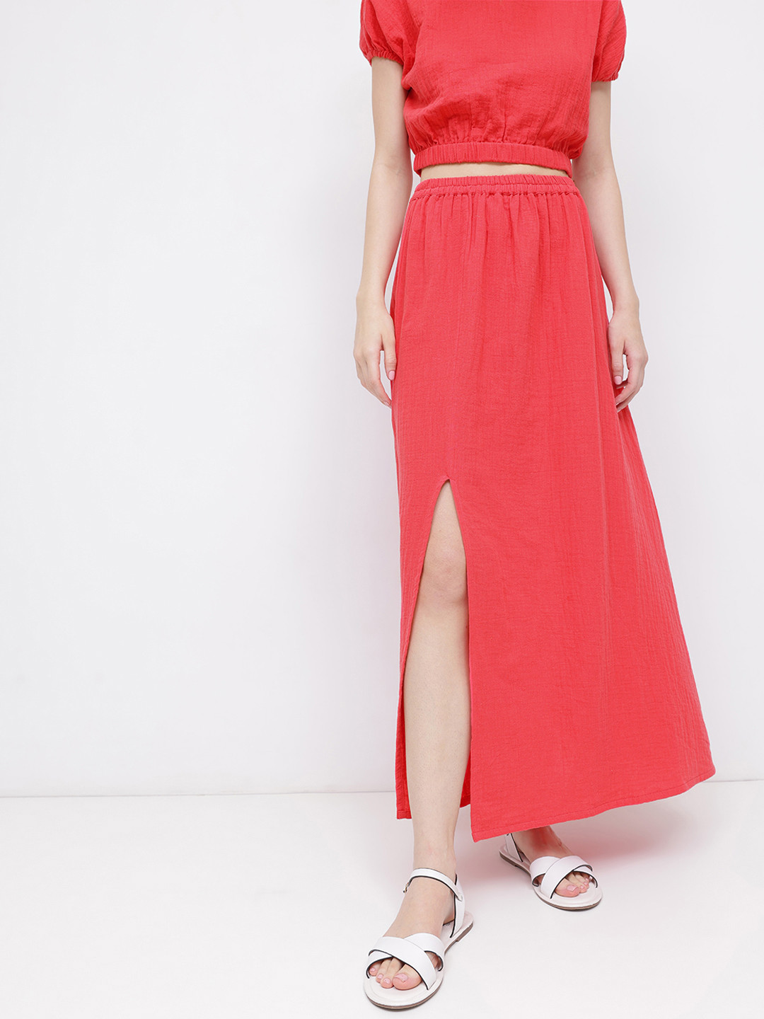 

DressBerry Peek-a-Boo Legs A-line Maxi Skirt, Red